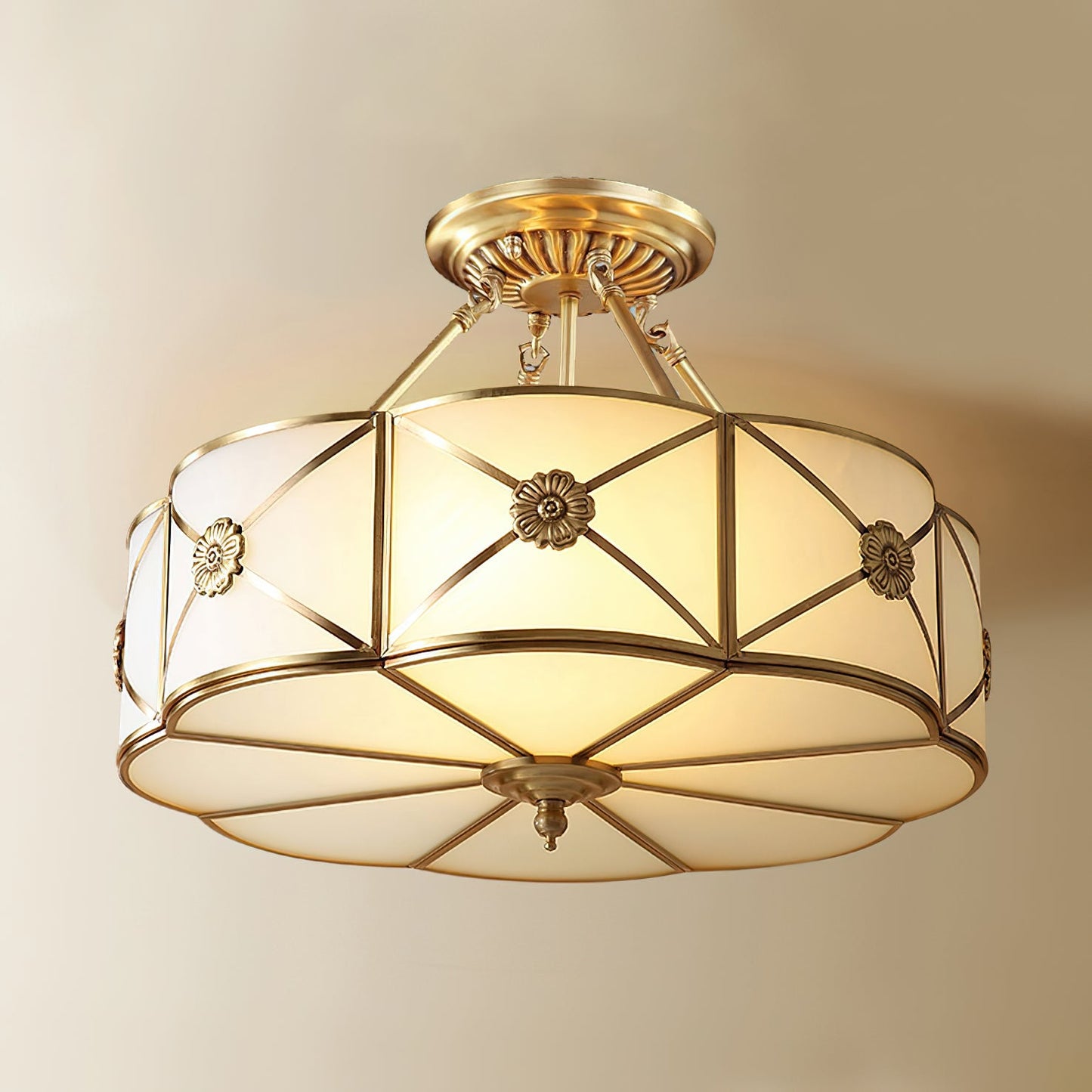 Brass Ceiling Lamp | Scalloped Edge Frosted Glass | 45cm Diameter