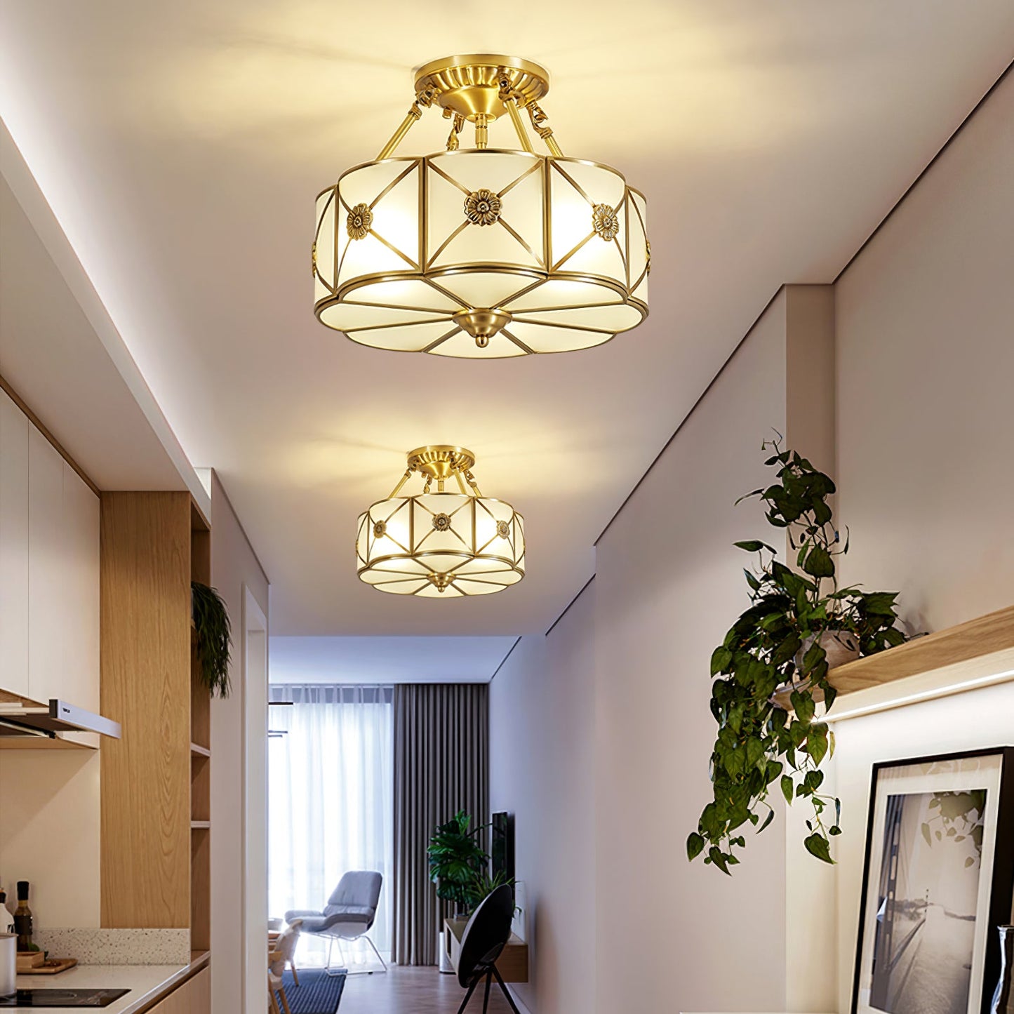 Brass Ceiling Lamp | Scalloped Edge Frosted Glass | 45cm Diameter