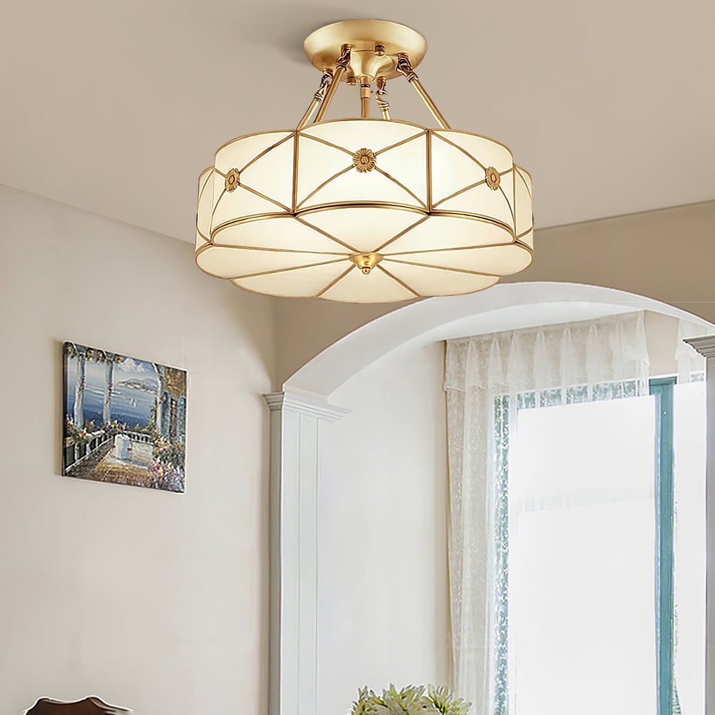 Brass Ceiling Lamp | Scalloped Edge Frosted Glass | 45cm Diameter