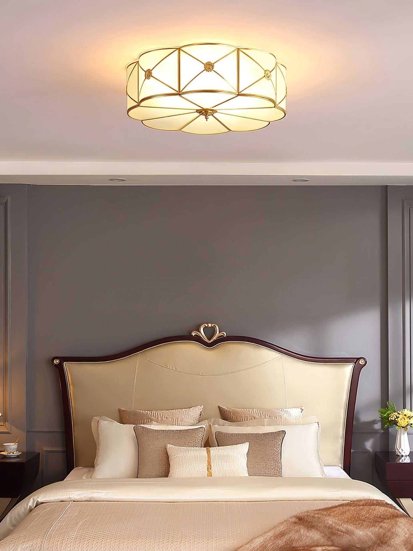 Brass Ceiling Lamp | Scalloped Edge Frosted Glass | 45cm Diameter