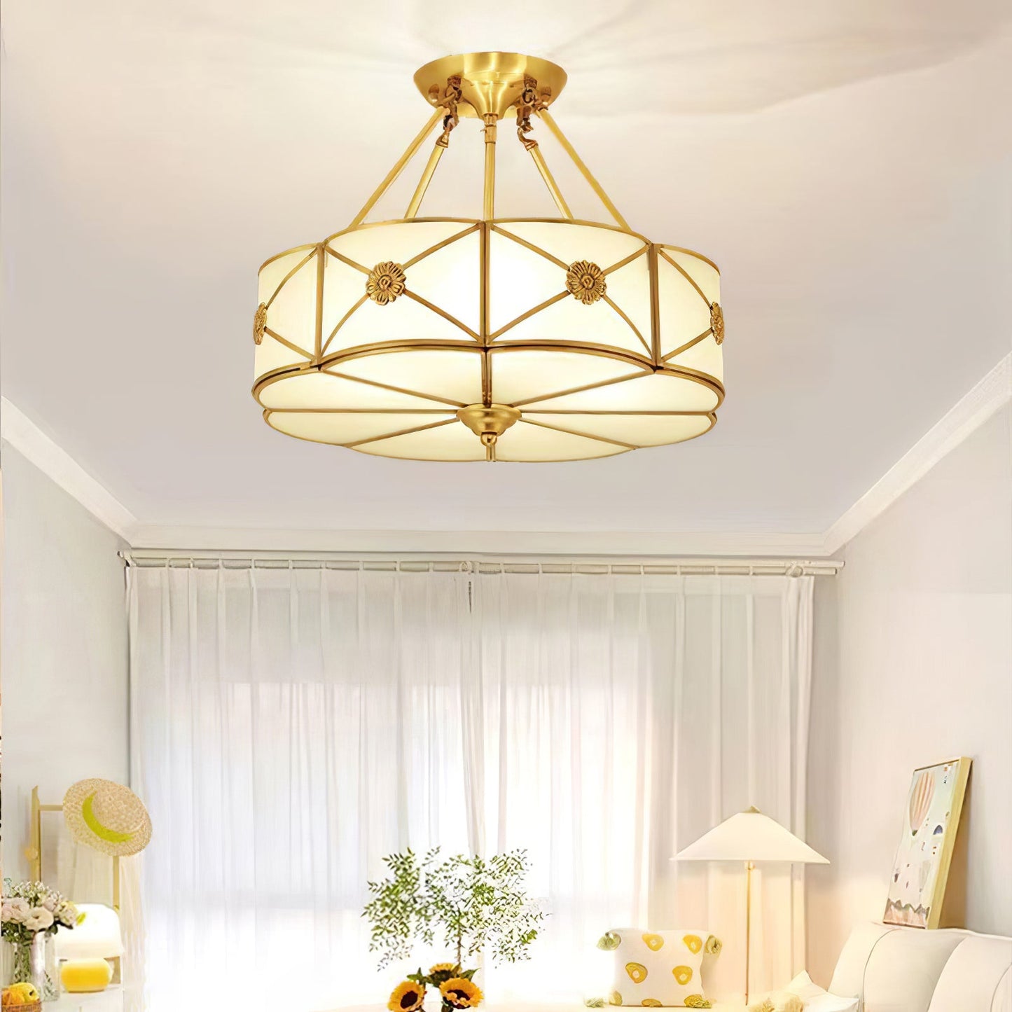 Brass Ceiling Lamp | Scalloped Edge Frosted Glass | 45cm Diameter