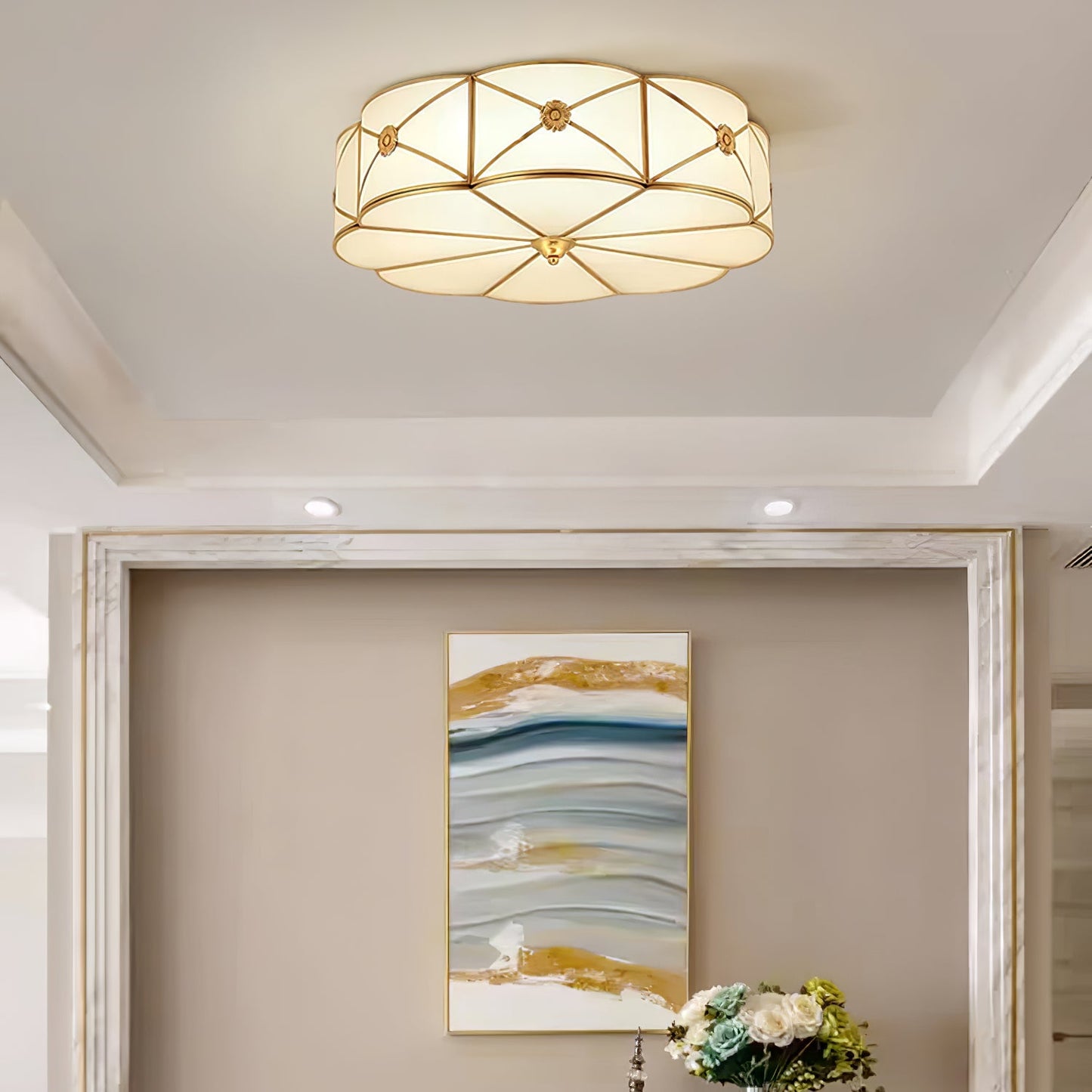 Brass Ceiling Lamp | Scalloped Edge Frosted Glass | 45cm Diameter