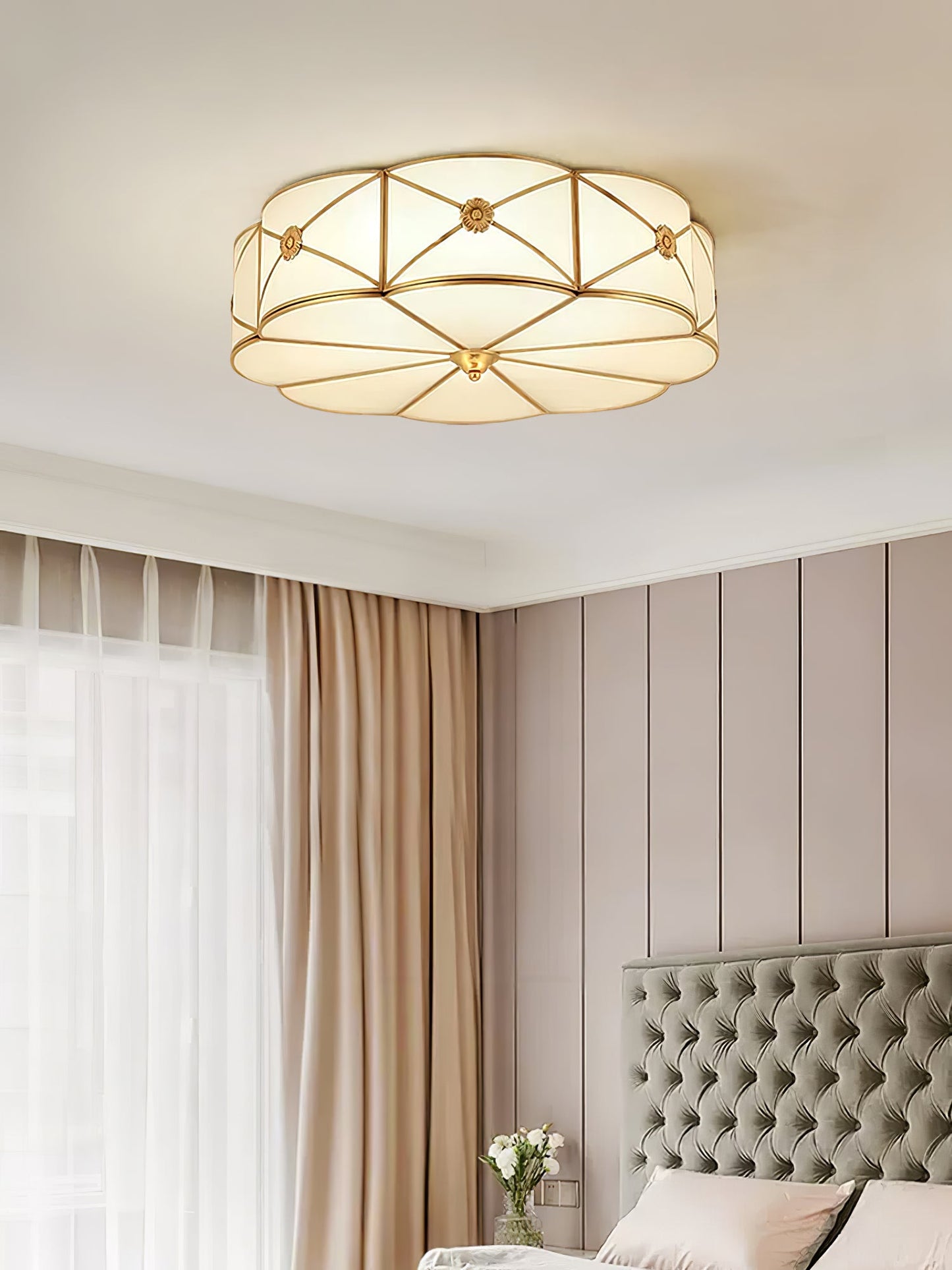 Brass Ceiling Lamp | Scalloped Edge Frosted Glass | 45cm Diameter