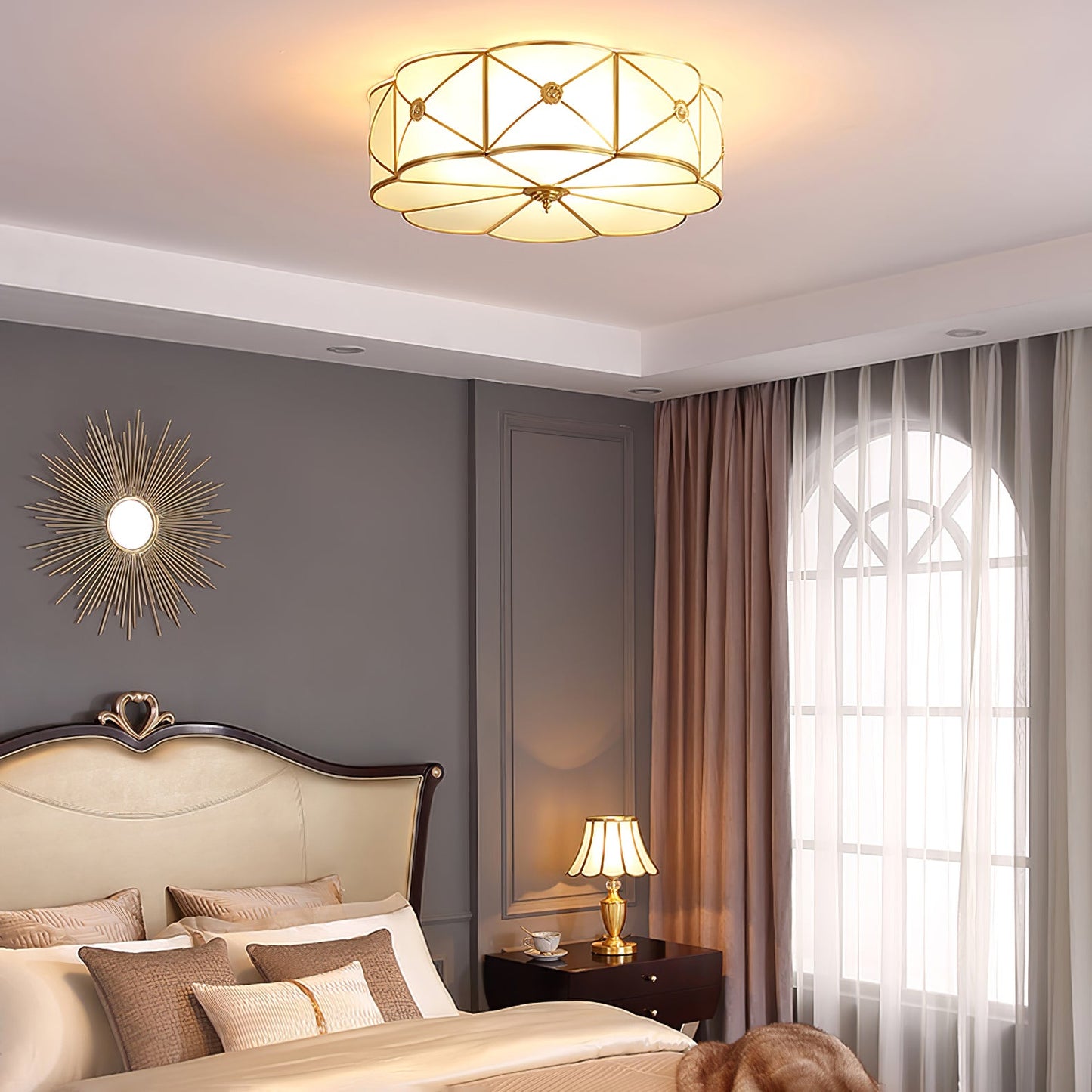 Brass Ceiling Lamp | Scalloped Edge Frosted Glass | 45cm Diameter