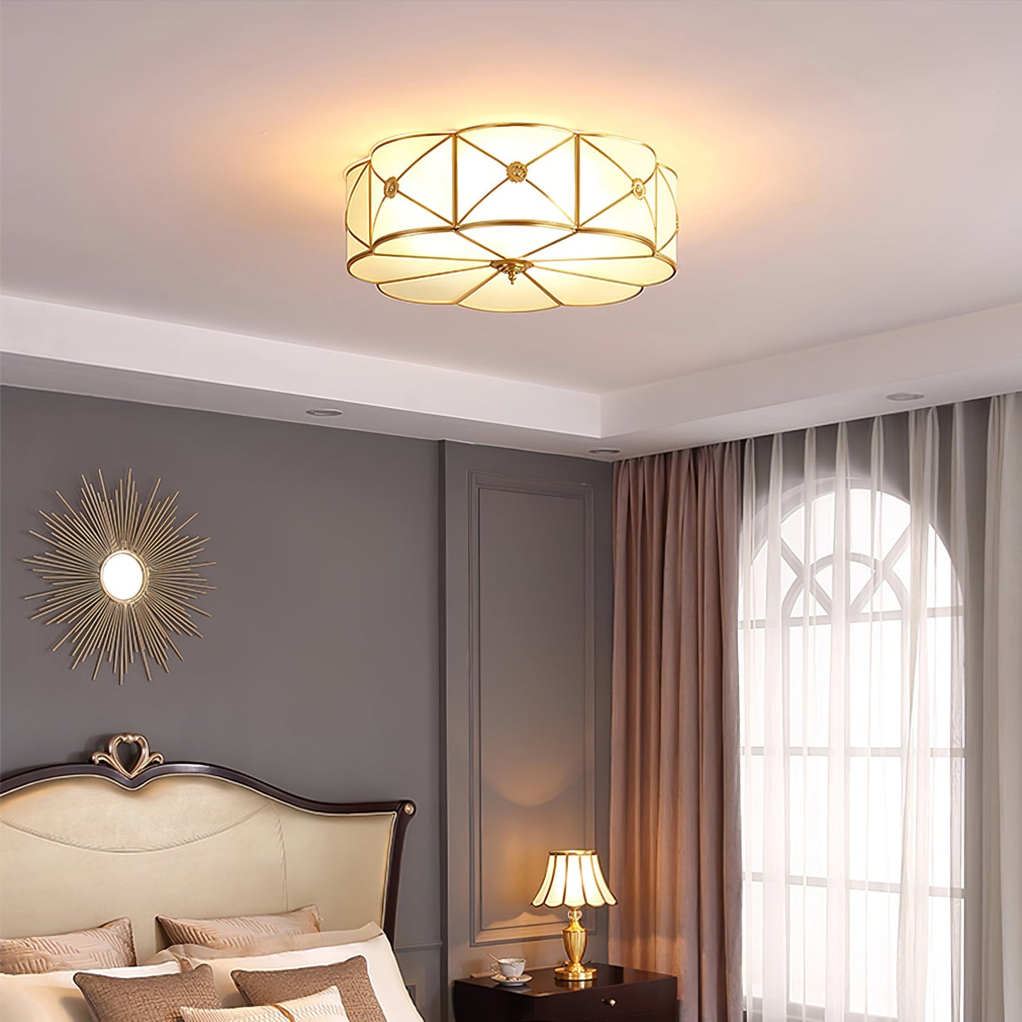 Brass Ceiling Lamp | Scalloped Edge Frosted Glass | 45cm Diameter