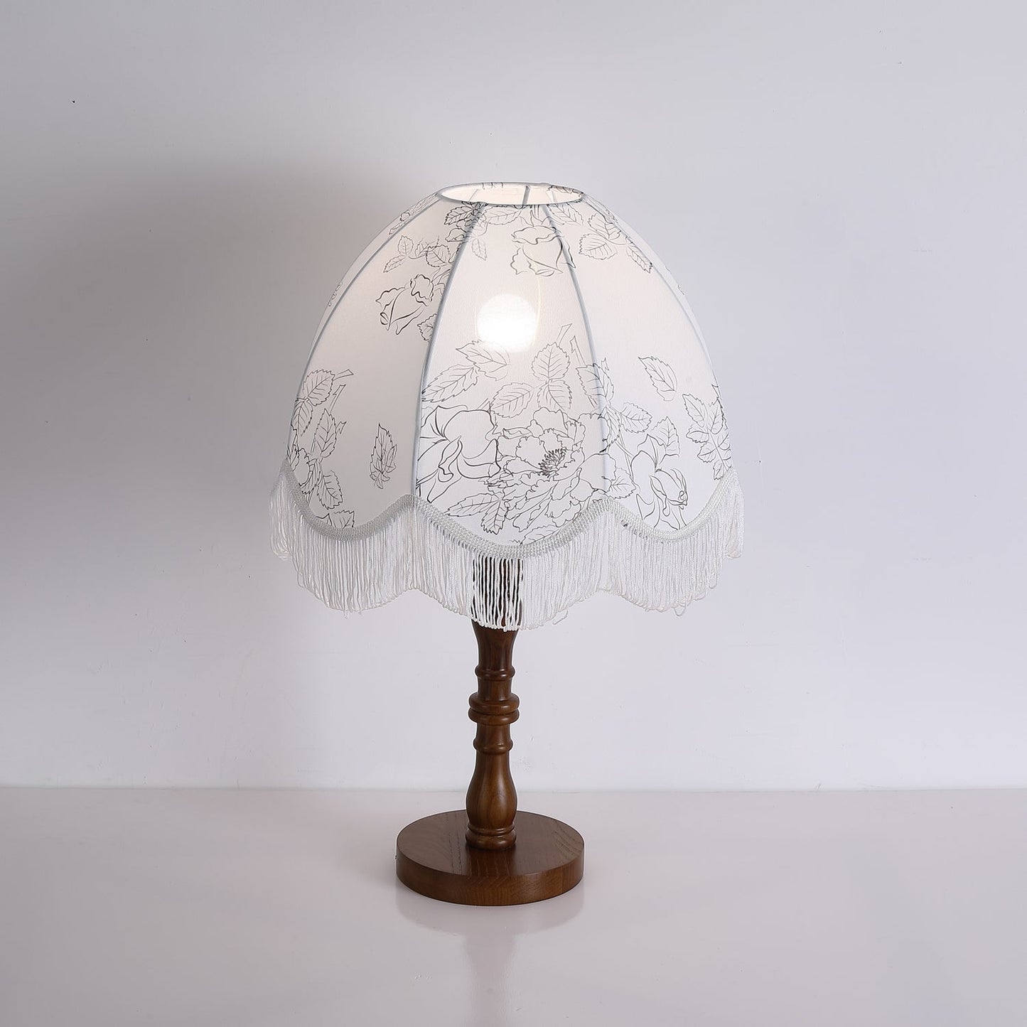 Tassel Table Lamp | Walnut Base & White Fabric Shade | 35cm Diameter