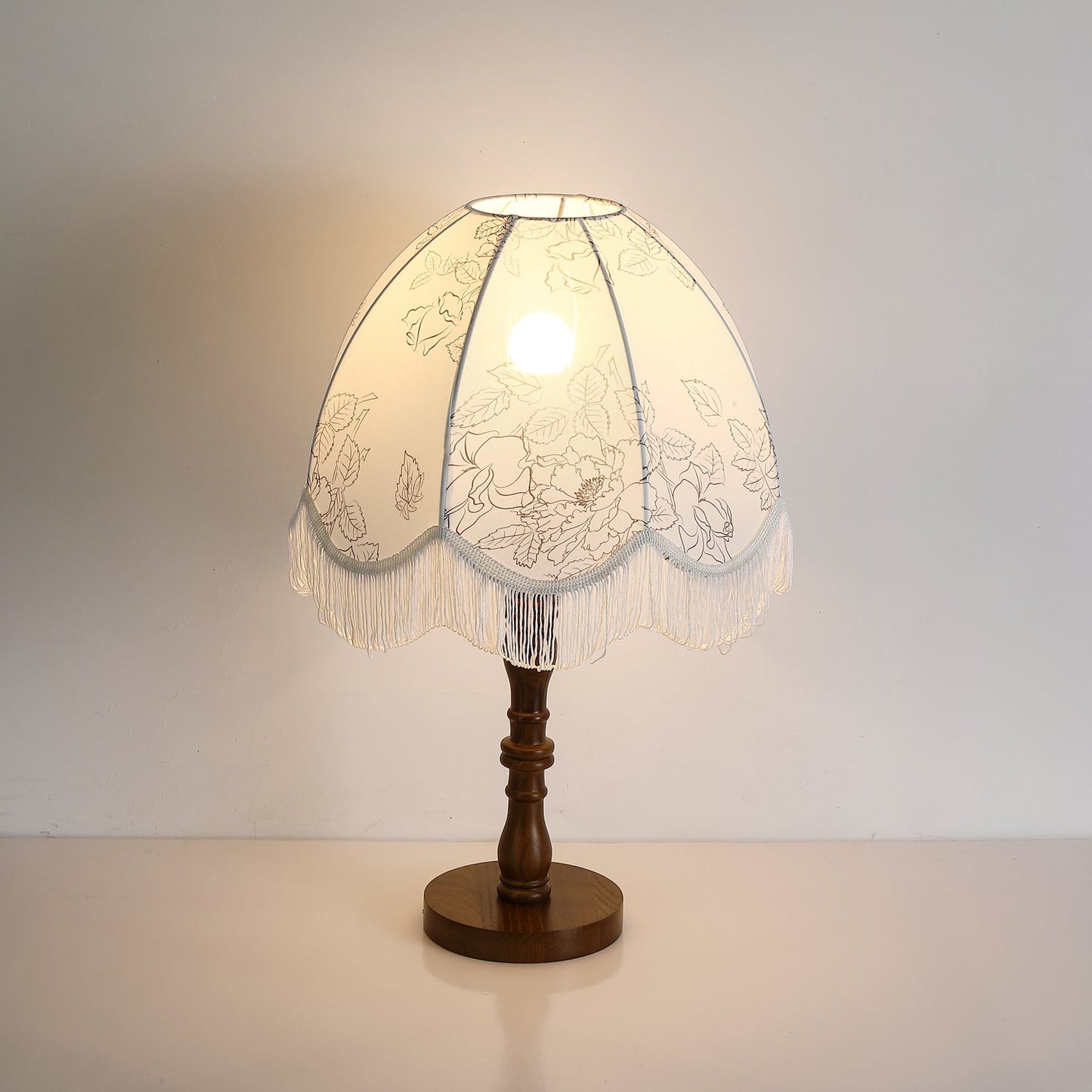 Tassel Table Lamp | Walnut Base & White Fabric Shade | 35cm Diameter