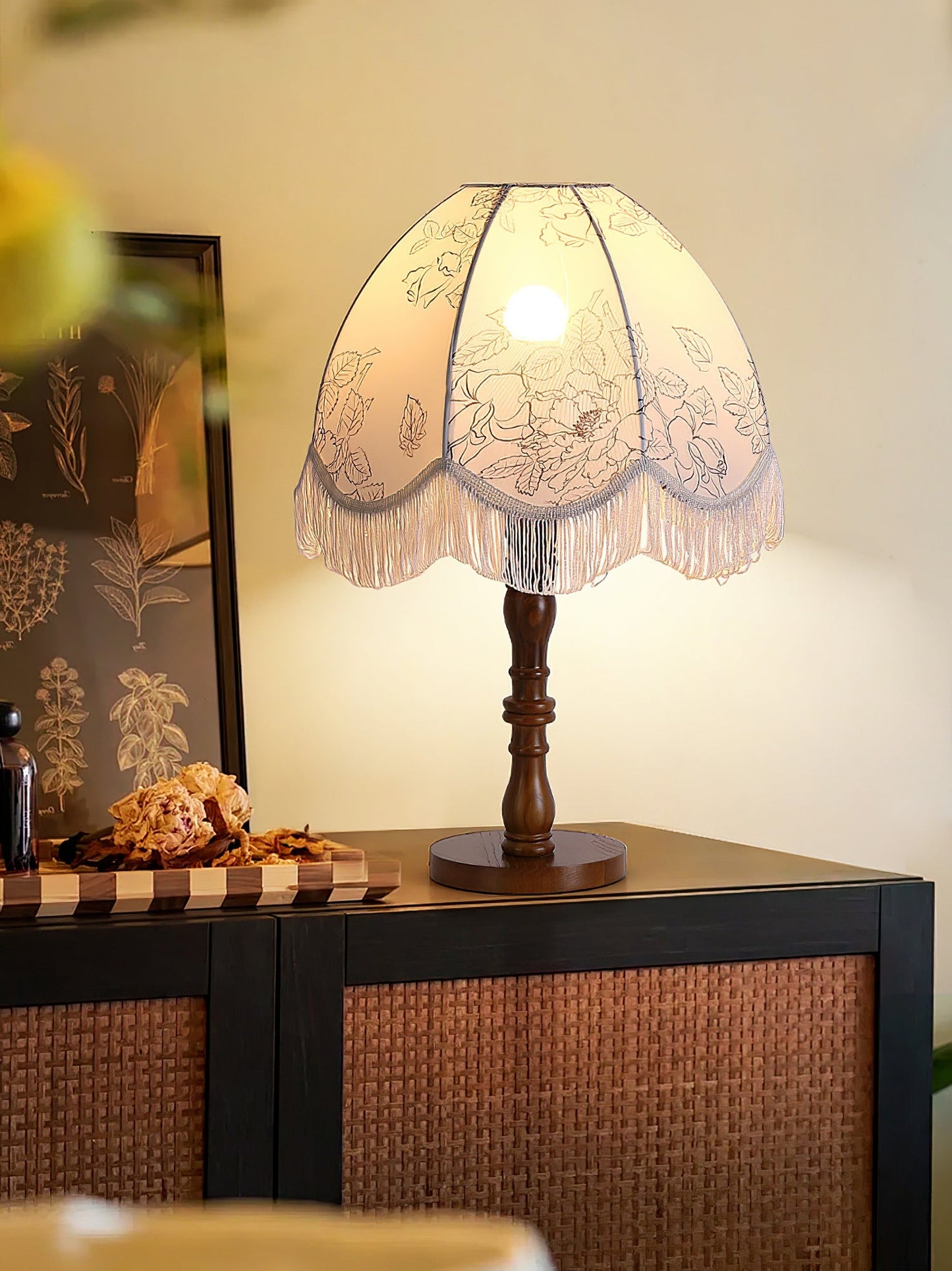 Tassel Table Lamp | Walnut Base & White Fabric Shade | 35cm Diameter