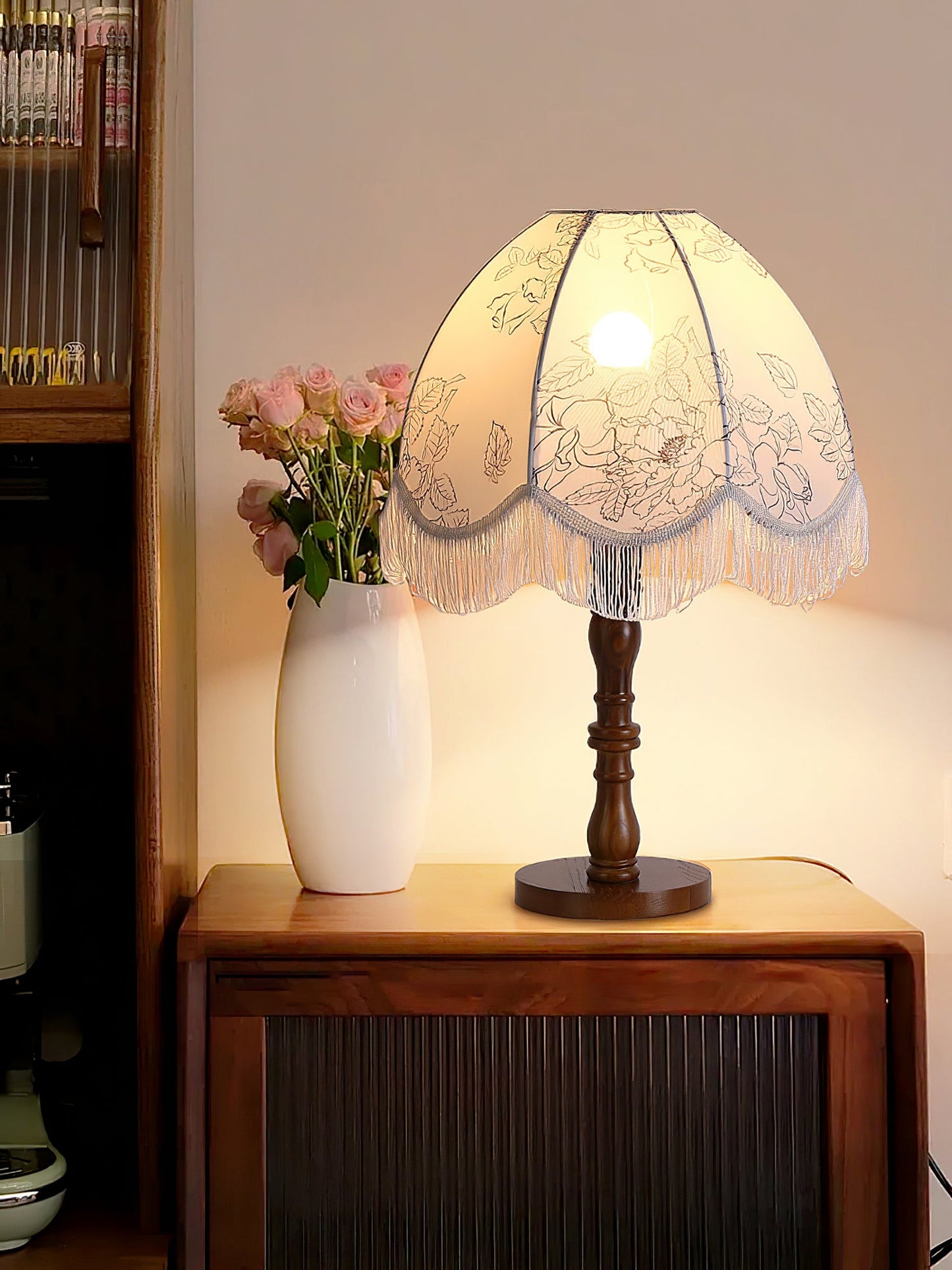 Tassel Table Lamp | Walnut Base & White Fabric Shade | 35cm Diameter