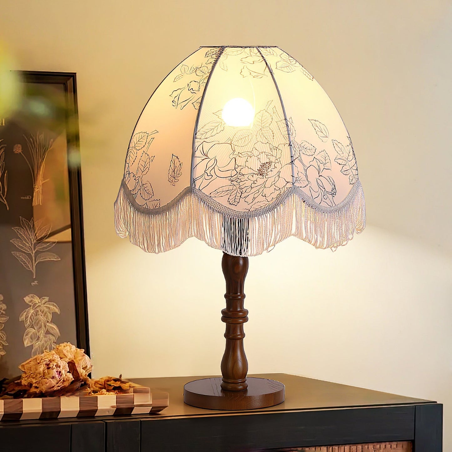 Tassel Table Lamp | Walnut Base & White Fabric Shade | 35cm Diameter