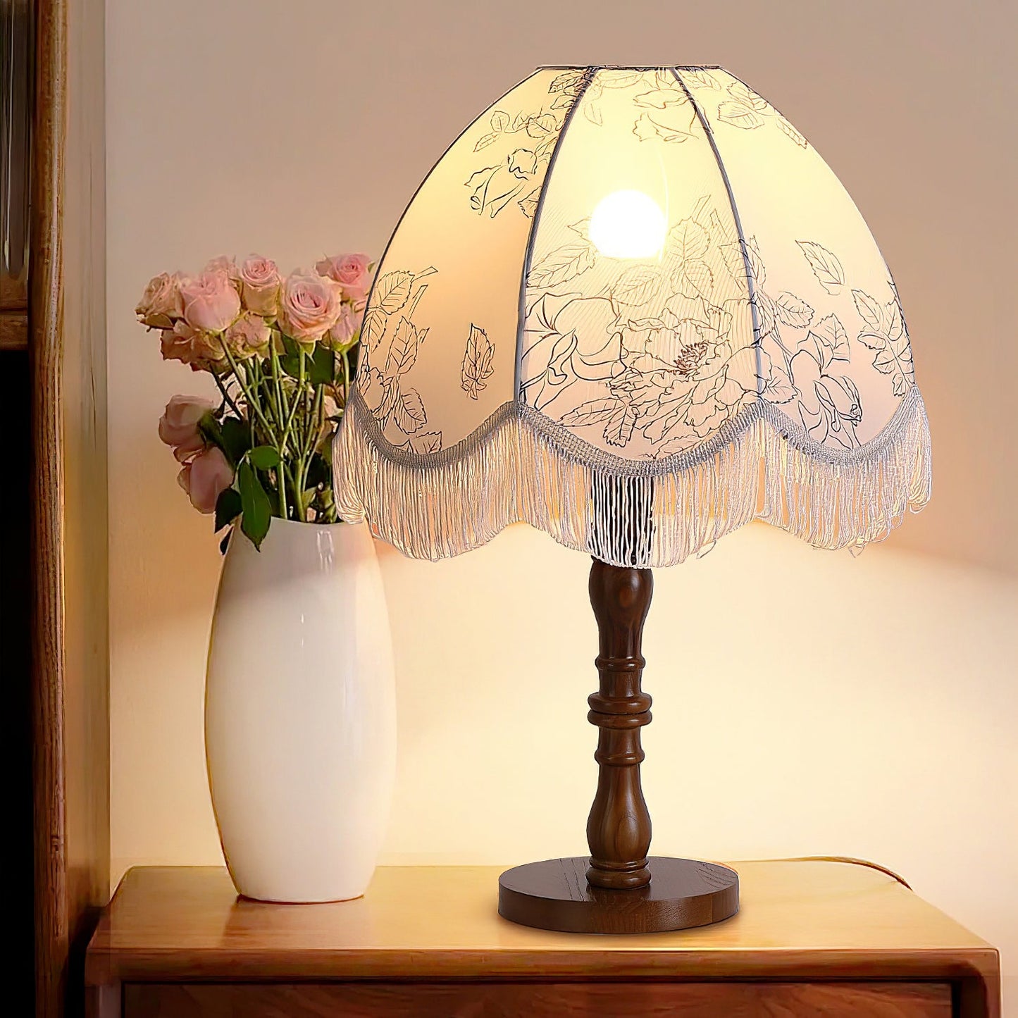 Tassel Table Lamp | Walnut Base & White Fabric Shade | 35cm Diameter
