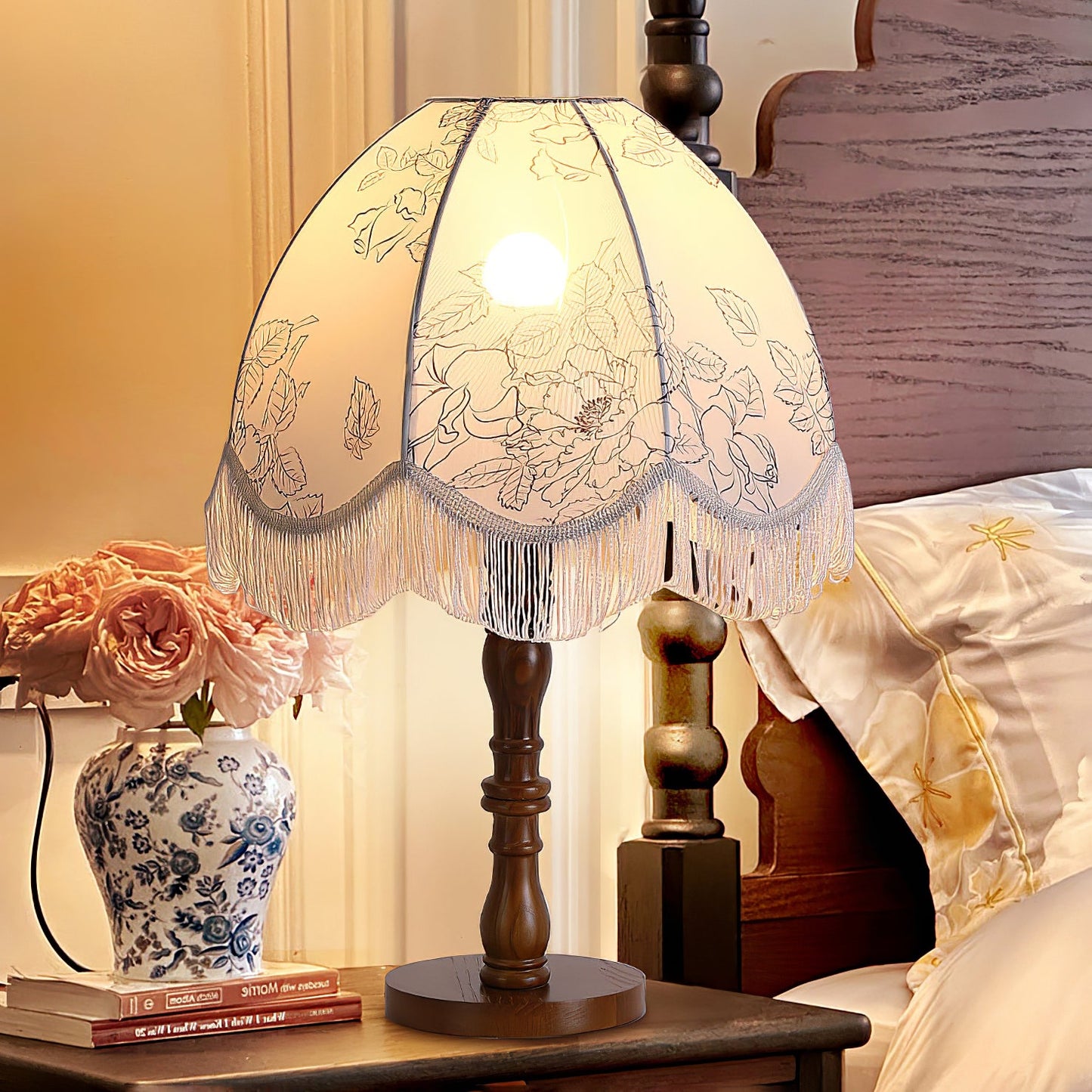 Tassel Table Lamp | Walnut Base & White Fabric Shade | 35cm Diameter