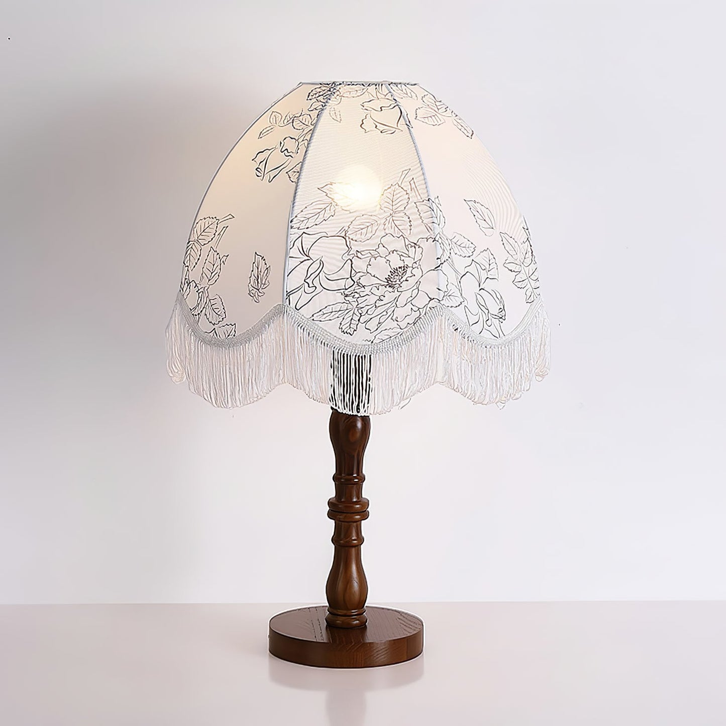 Tassel Table Lamp | Walnut Base & White Fabric Shade | 35cm Diameter