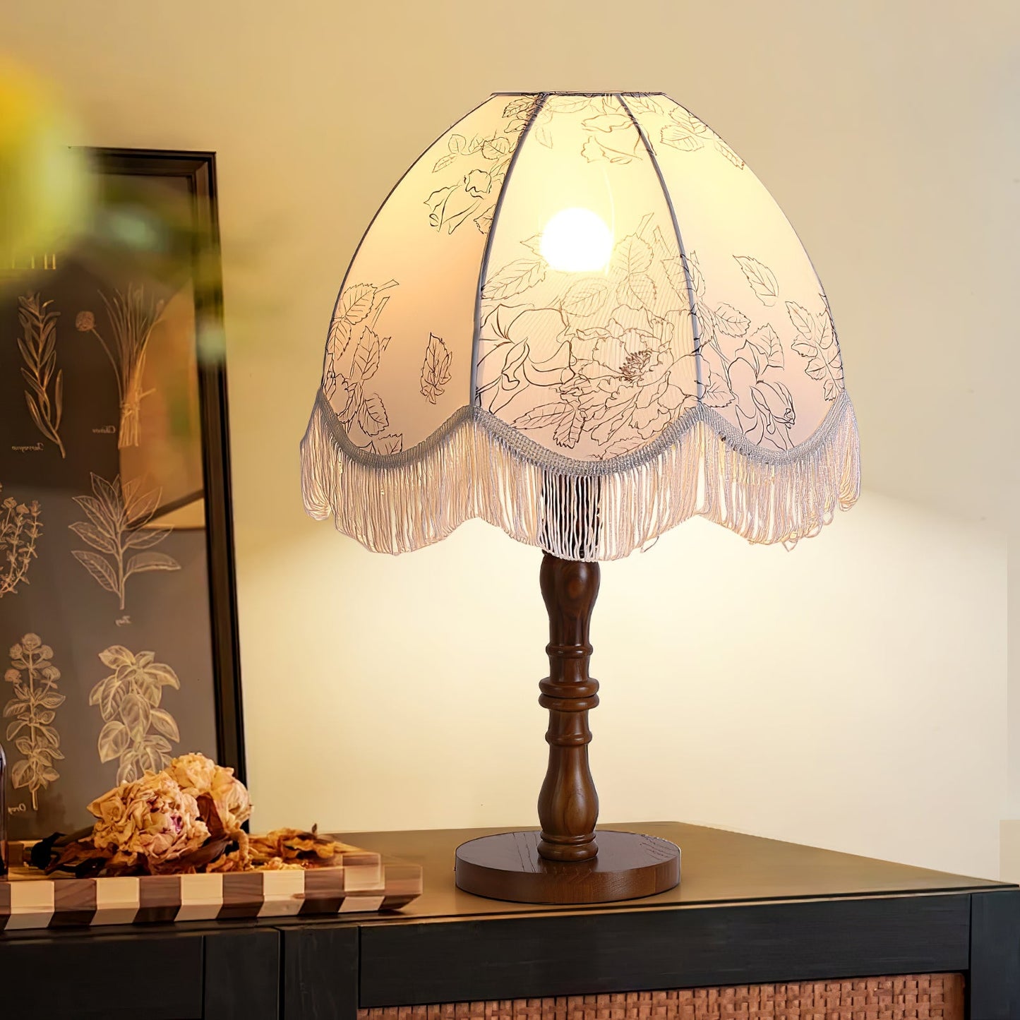 Tassel Table Lamp | Walnut Base & White Fabric Shade | 35cm Diameter