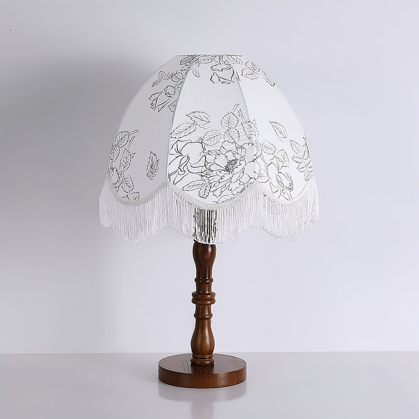 Tassel Table Lamp | Walnut Base & White Fabric Shade | 35cm Diameter
