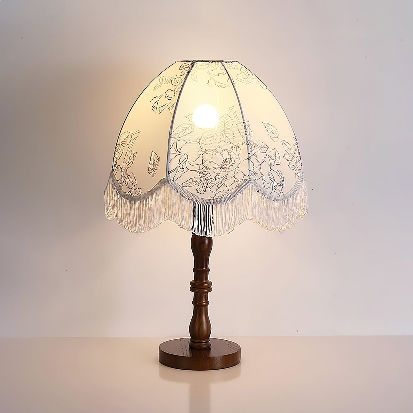Tassel Table Lamp | Walnut Base & White Fabric Shade | 35cm Diameter