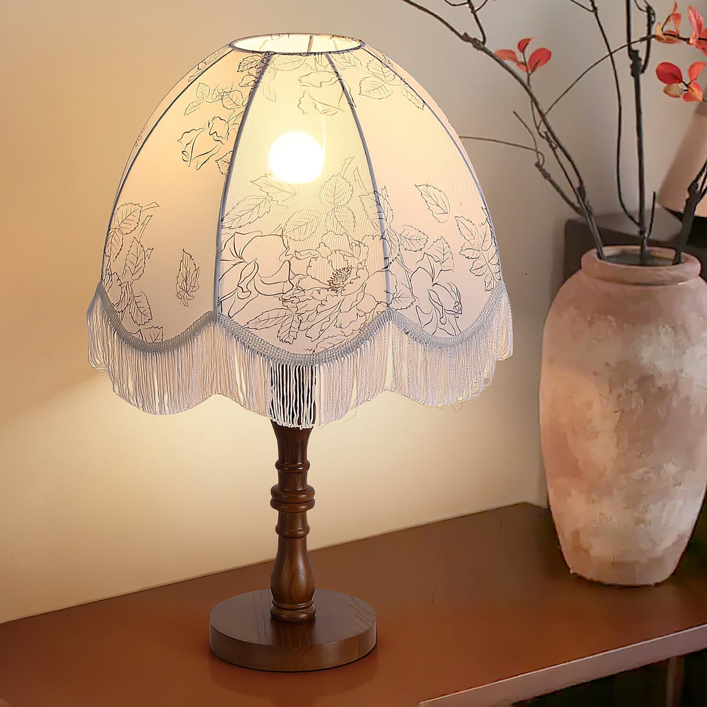 Tassel Table Lamp | Walnut Base & White Fabric Shade | 35cm Diameter
