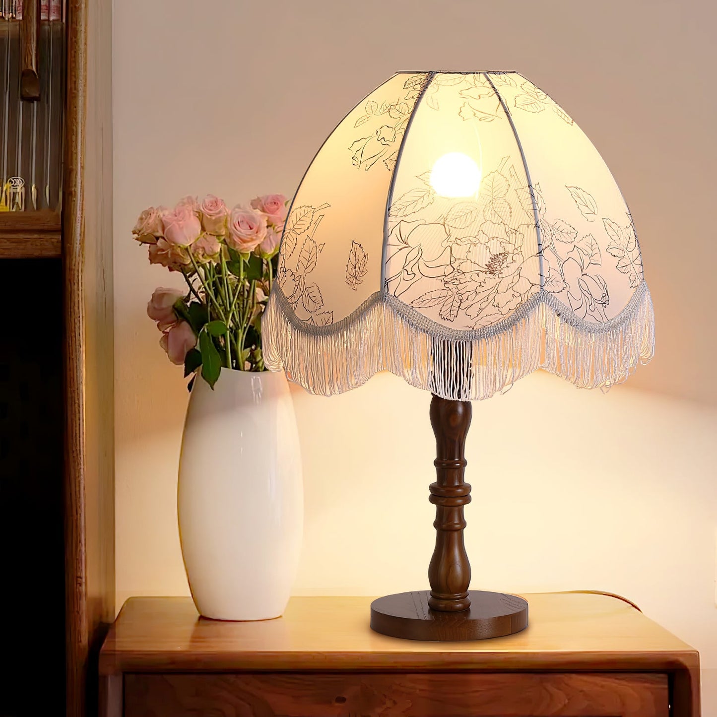 Tassel Table Lamp | Walnut Base & White Fabric Shade | 35cm Diameter