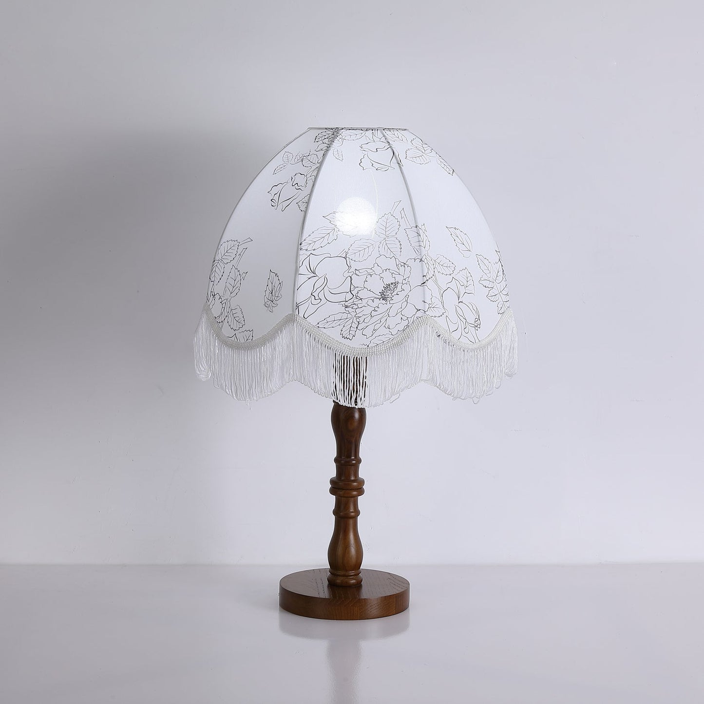 Tassel Table Lamp | Walnut Base & White Fabric Shade | 35cm Diameter