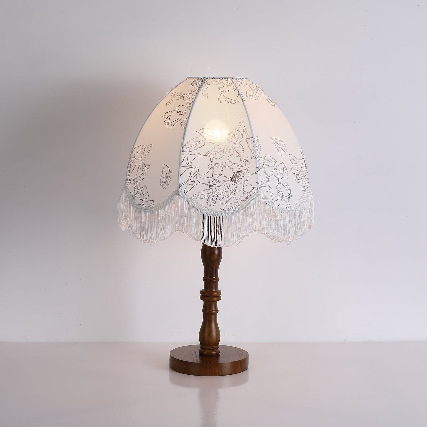 Tassel Table Lamp | Walnut Base & White Fabric Shade | 35cm Diameter