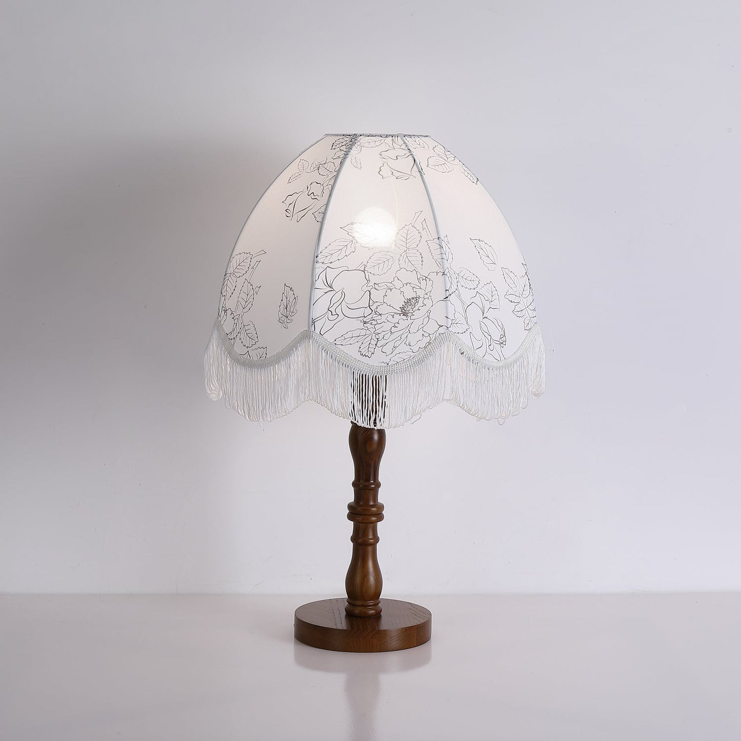 Tassel Table Lamp | Walnut Base & White Fabric Shade | 35cm Diameter