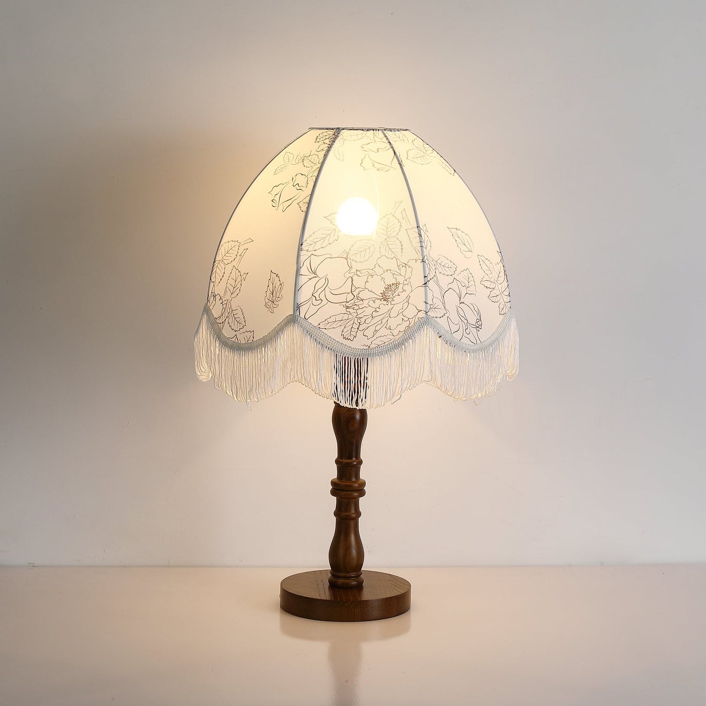 Tassel Table Lamp | Walnut Base & White Fabric Shade | 35cm Diameter