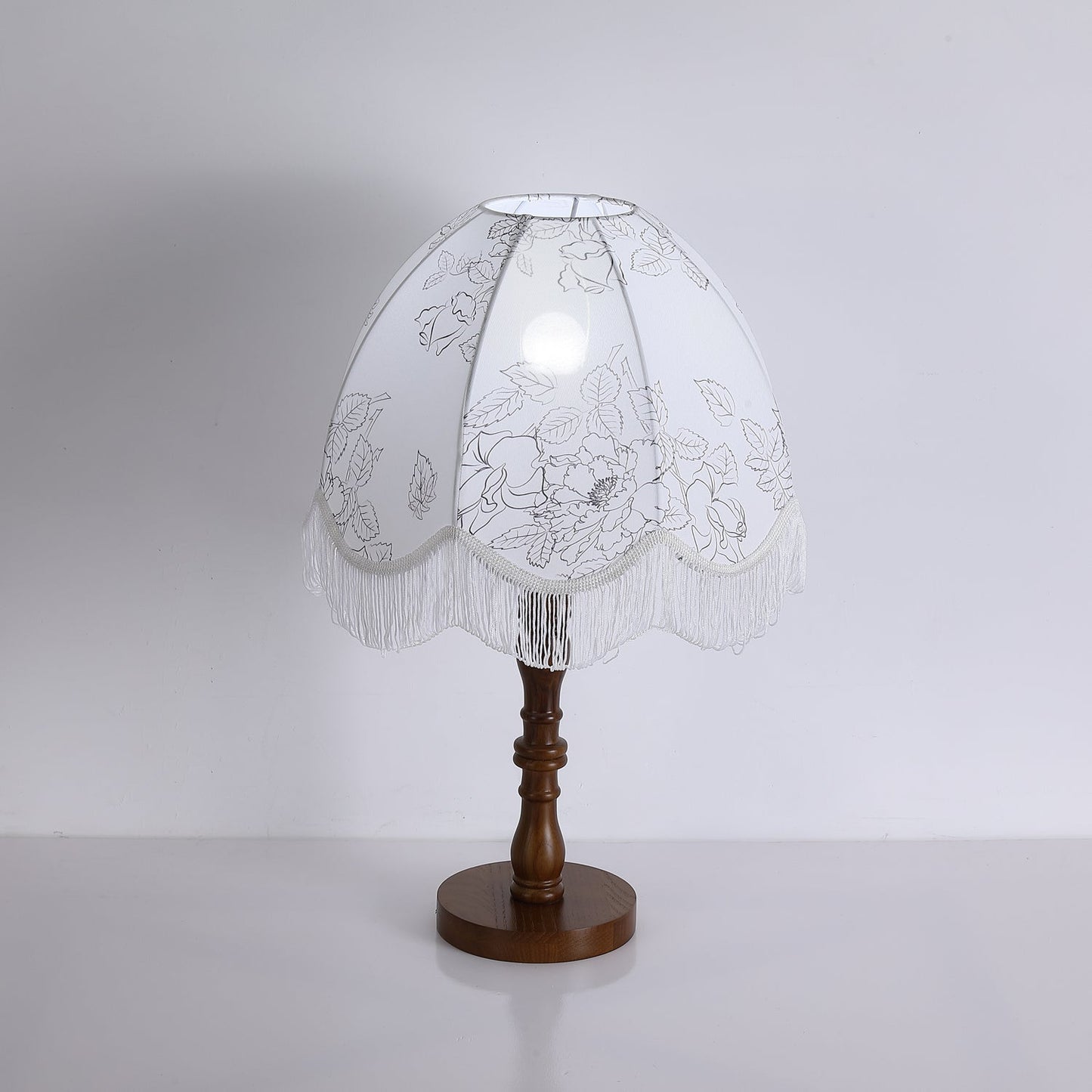 Tassel Table Lamp | Walnut Base & White Fabric Shade | 35cm Diameter