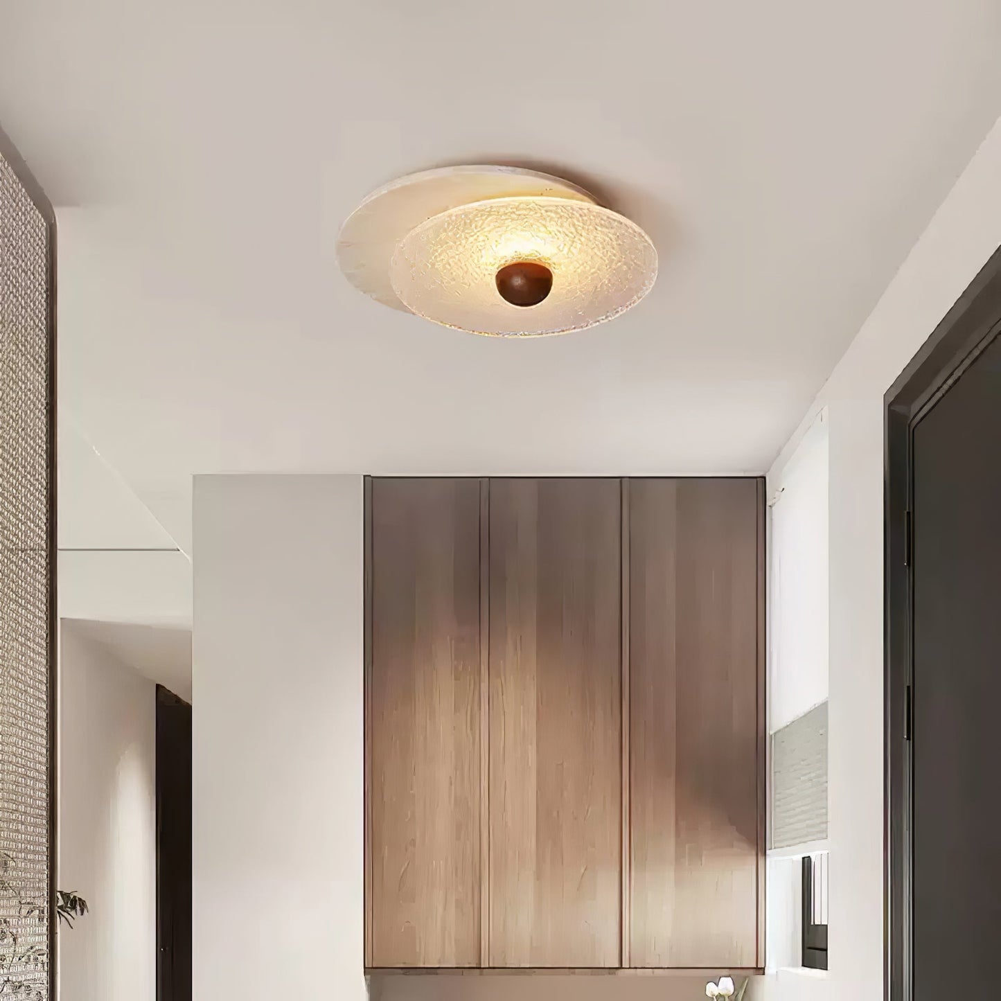 Radiant Disc Ceiling Lamp | Yellow Travertine & Glass | 33cm x 32cm