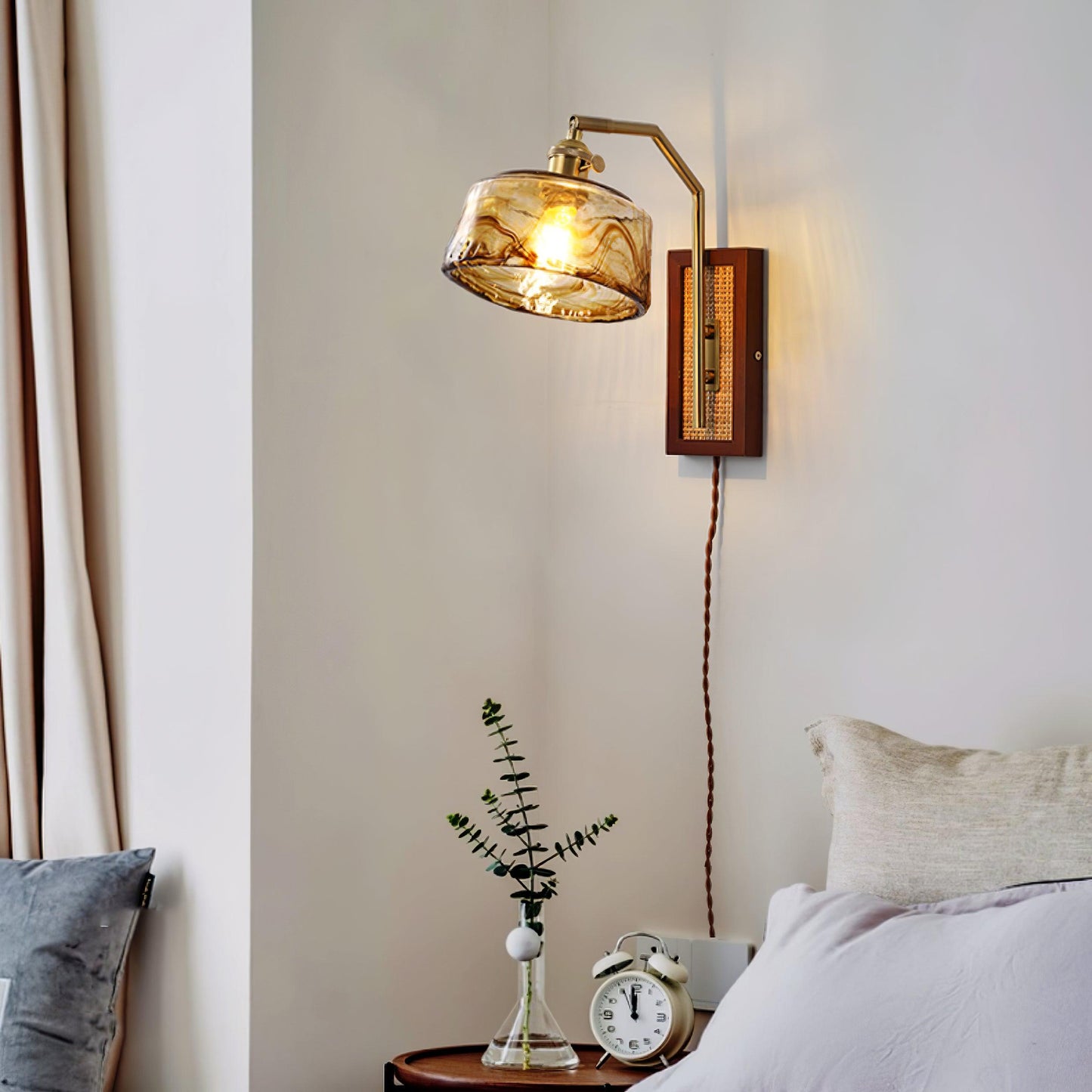 Rafi Wall Lamp Set | Bamboo, Glass & Brass | Green & Cognac