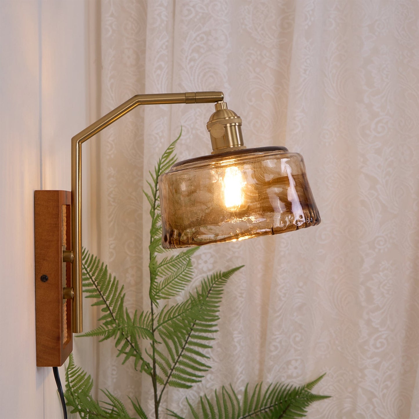 Rafi Wall Lamp Set | Bamboo, Glass & Brass | Green & Cognac