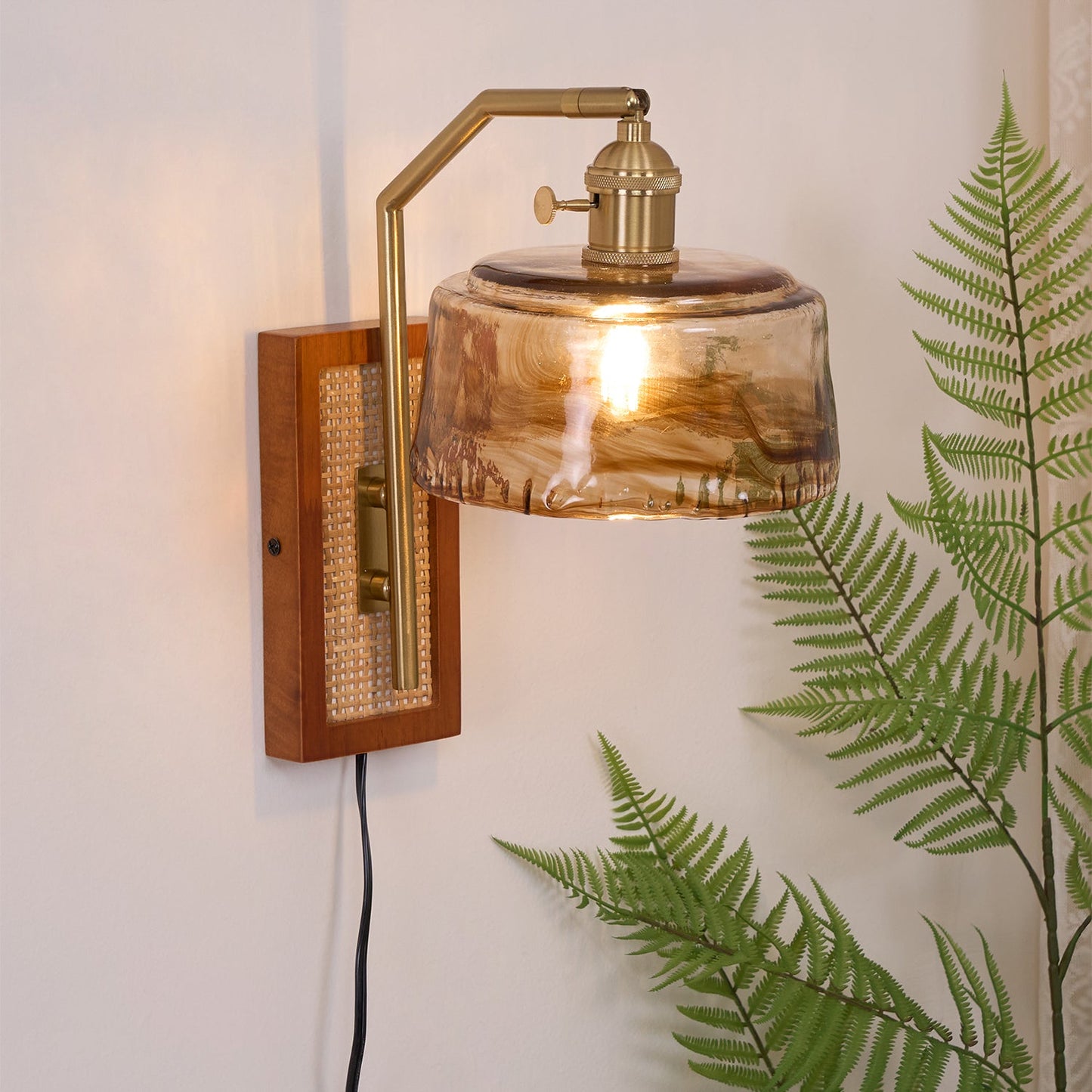 Rafi Wall Lamp Set | Bamboo, Glass & Brass | Green & Cognac