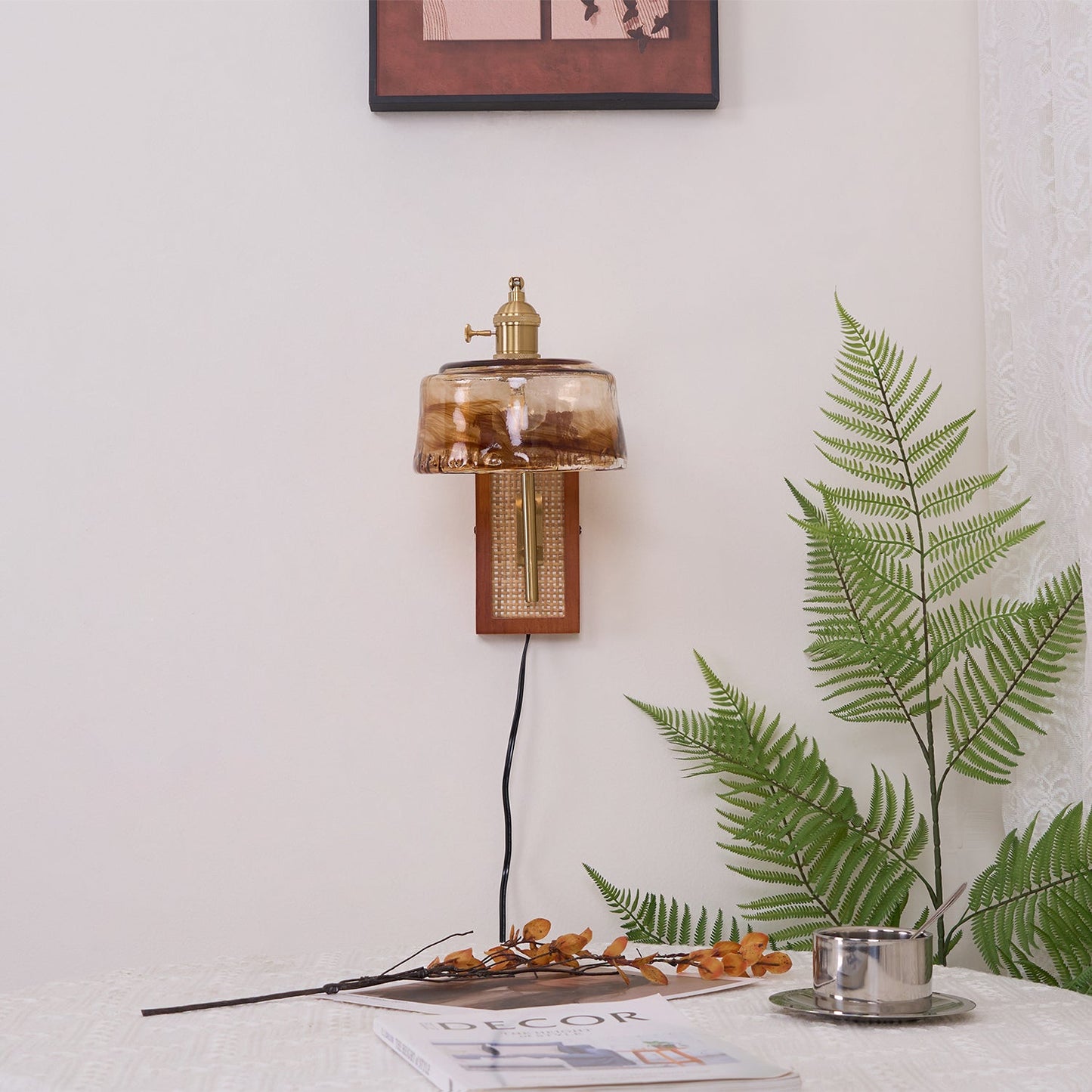 Rafi Wall Lamp Set | Bamboo, Glass & Brass | Green & Cognac