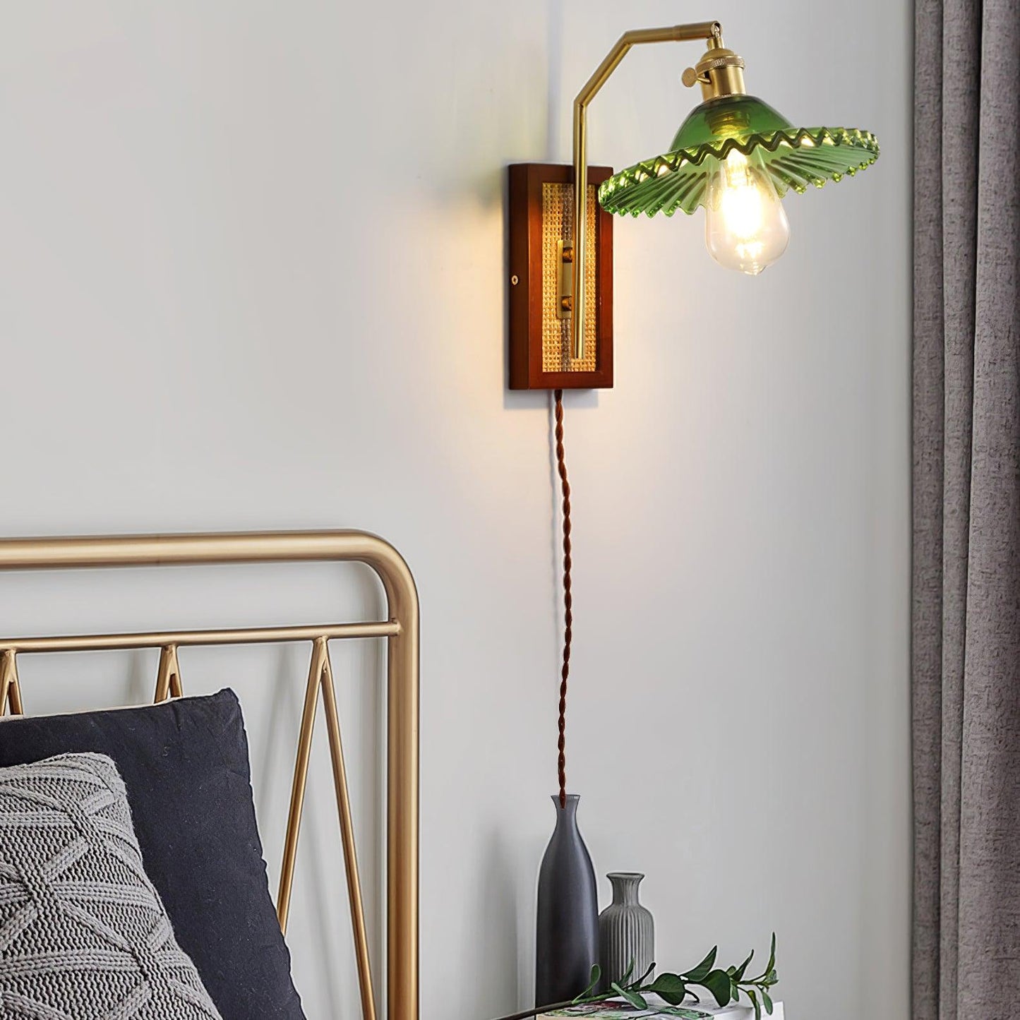 Rafi Wall Lamp Set | Bamboo, Glass & Brass | Green & Cognac