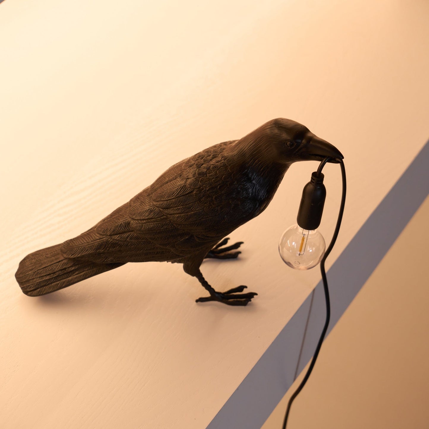 Raven Table Lamp | Resin Sculpture with Edison Bulb | Black and White