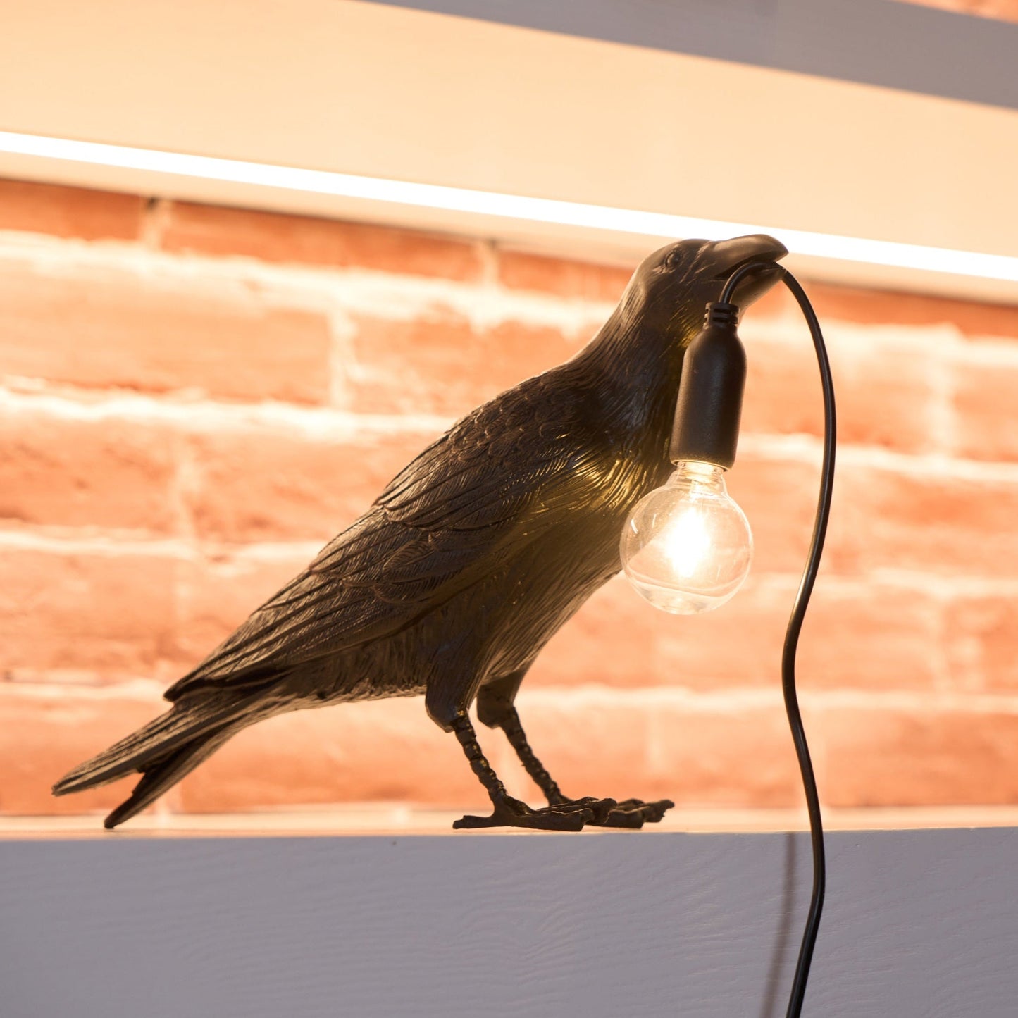 Raven Table Lamp | Resin Sculpture with Edison Bulb | Black and White