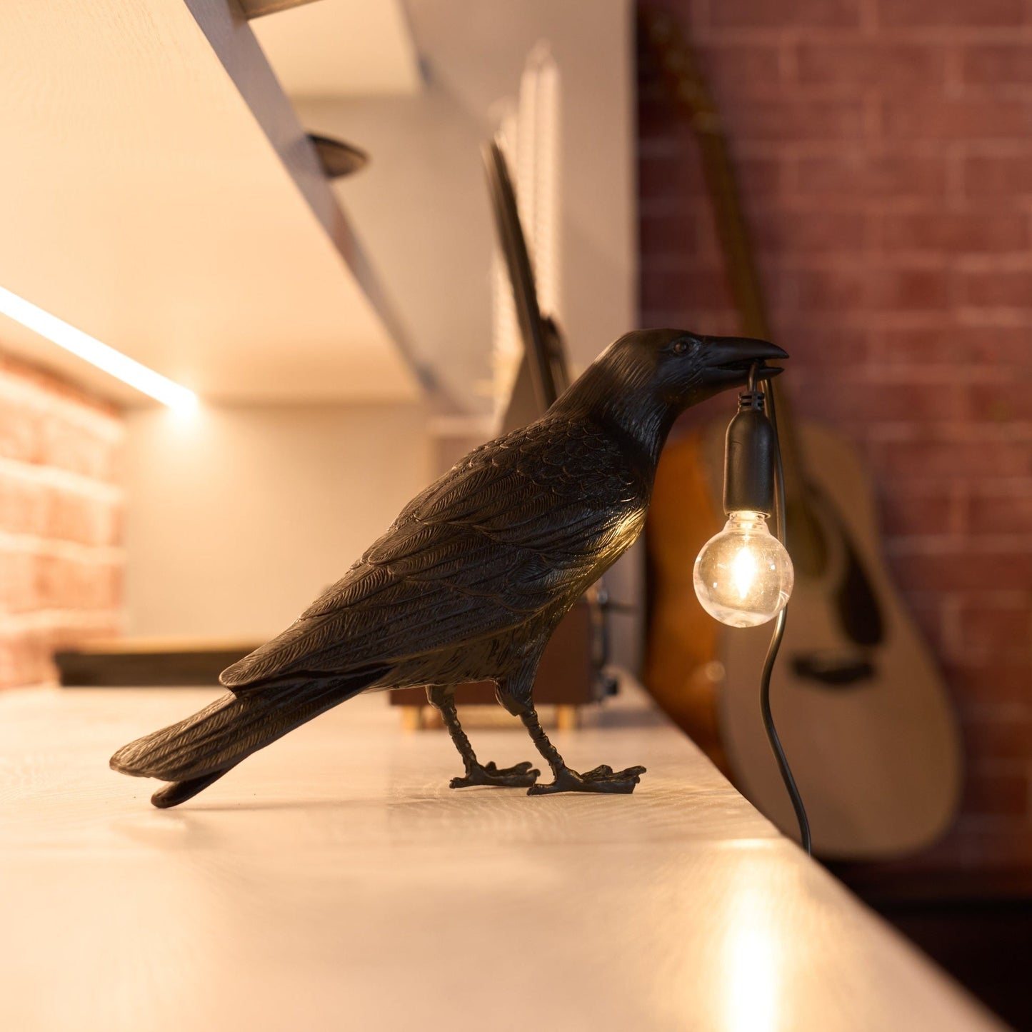 Raven Table Lamp | Resin Sculpture with Edison Bulb | Black and White