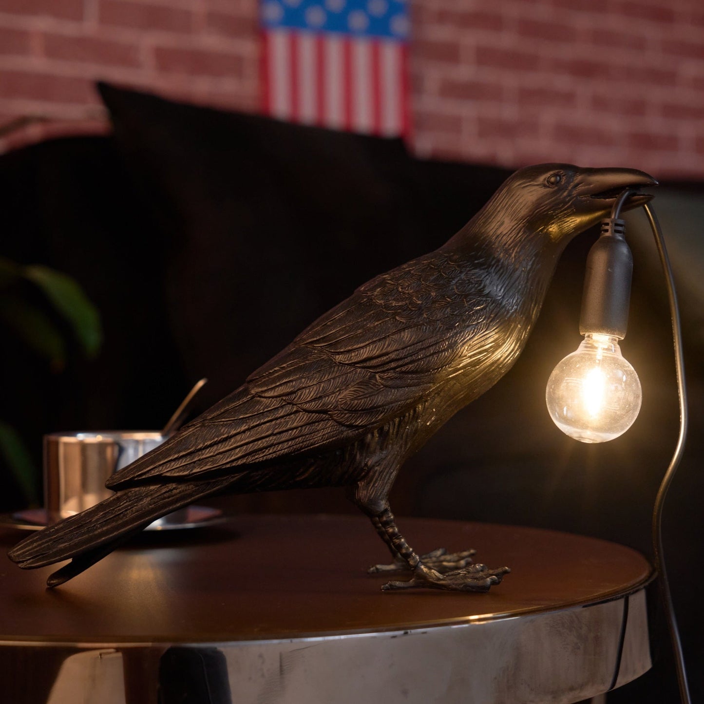 Raven Table Lamp | Resin Sculpture with Edison Bulb | Black and White