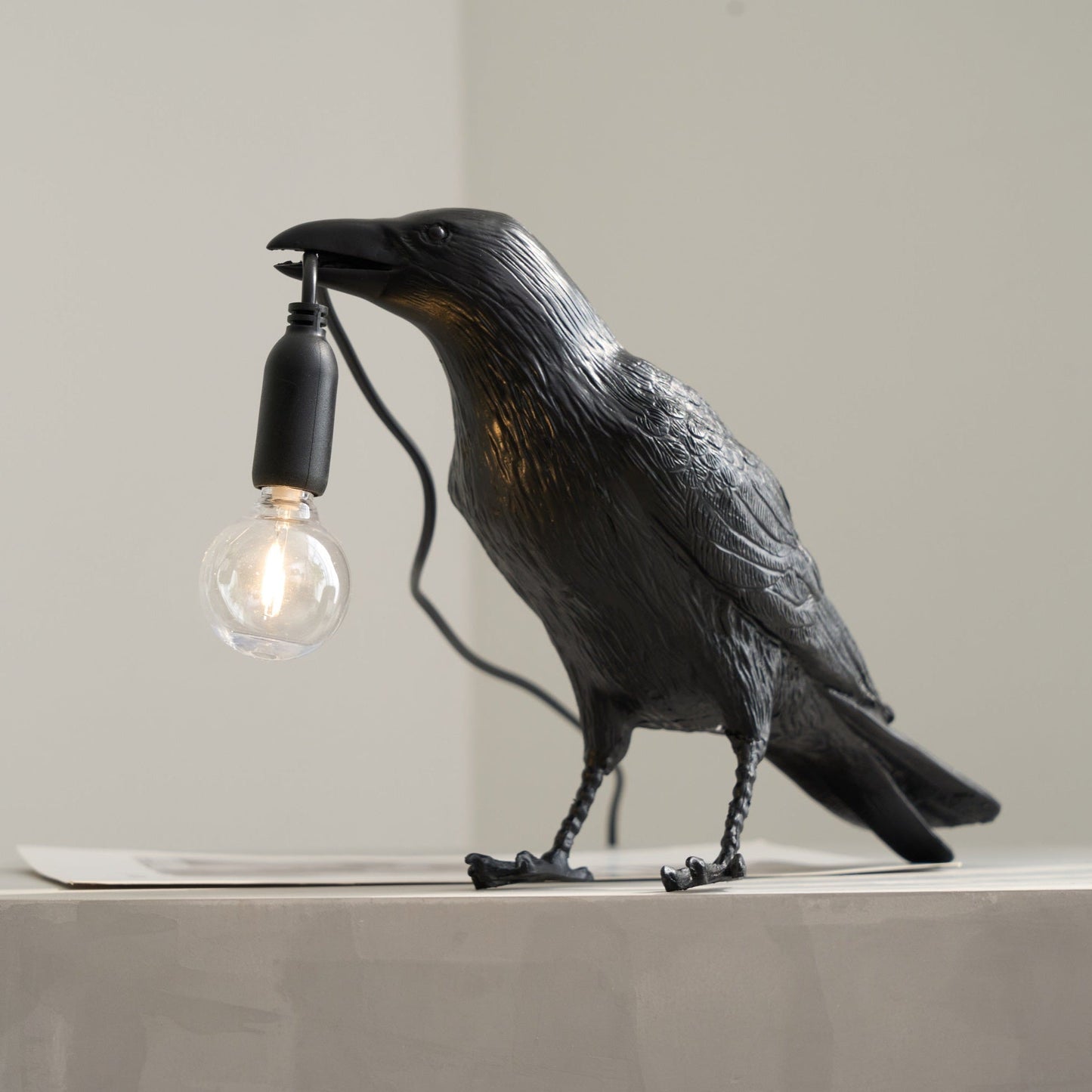 Raven Table Lamp | Resin Sculpture with Edison Bulb | Black and White