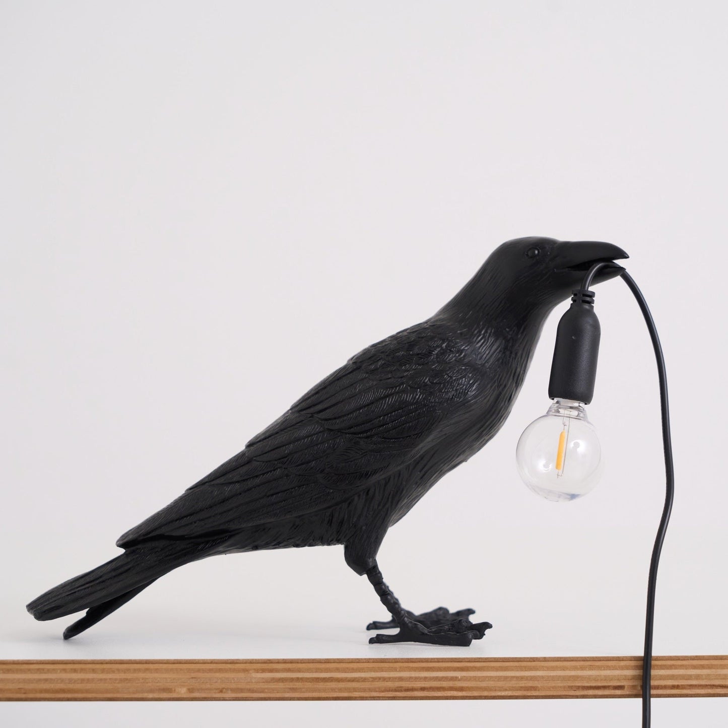 Raven Table Lamp | Resin Sculpture with Edison Bulb | Black and White
