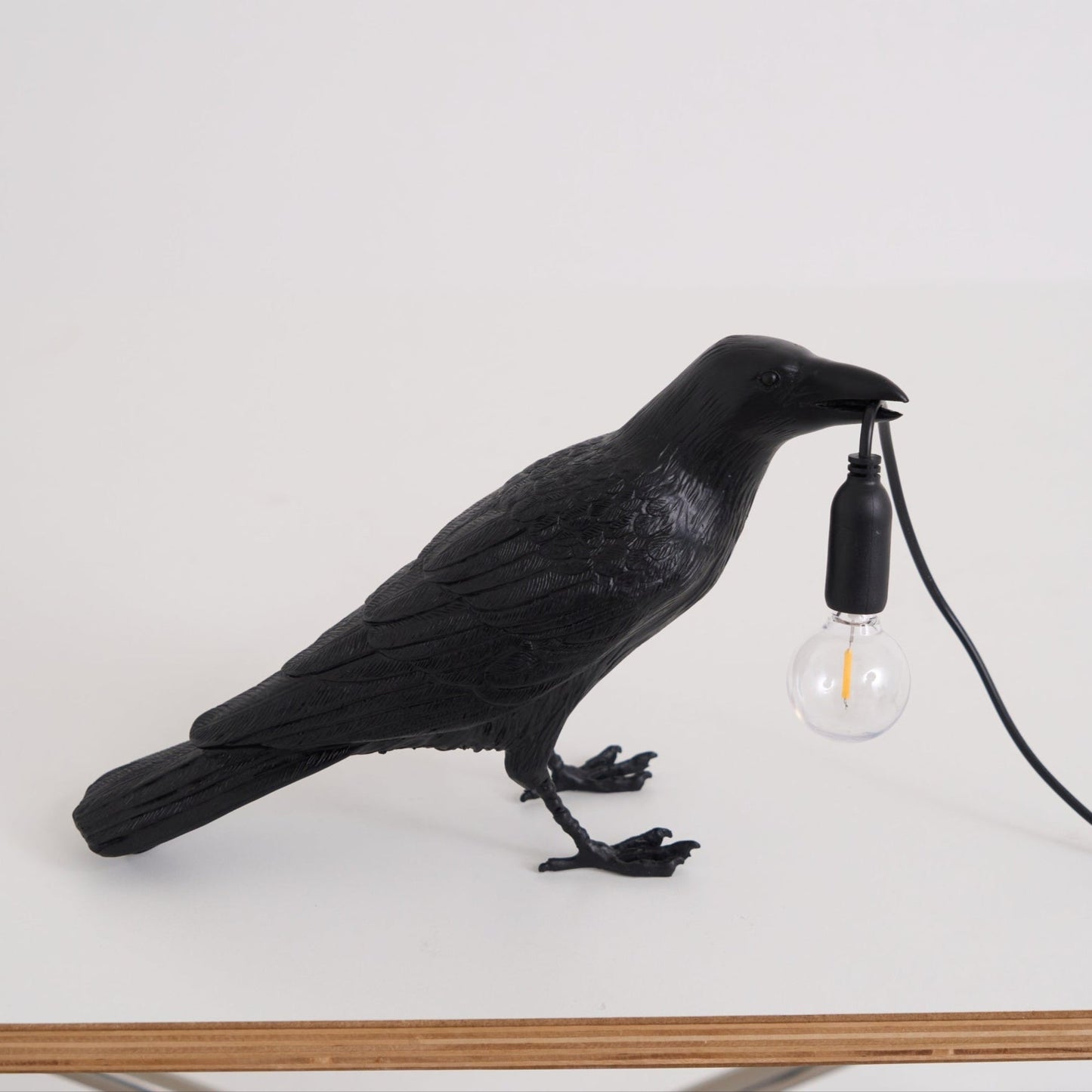 Raven Table Lamp | Resin Sculpture with Edison Bulb | Black and White
