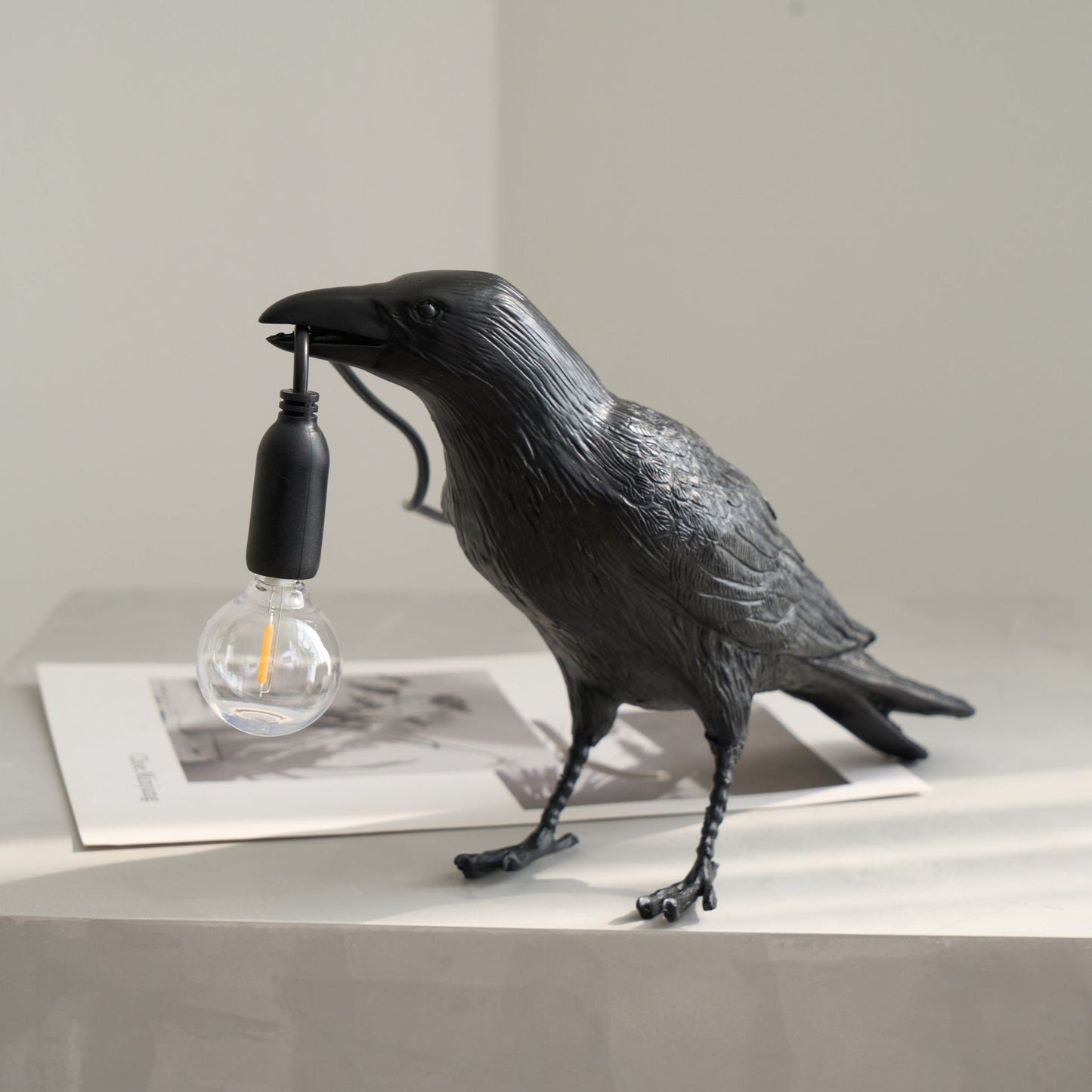 Raven Table Lamp | Resin Sculpture with Edison Bulb | Black and White