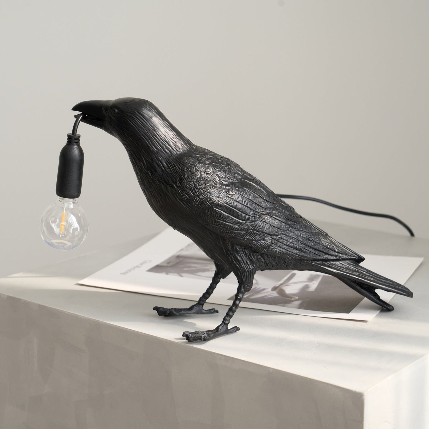 Raven Table Lamp | Resin Sculpture with Edison Bulb | Black and White