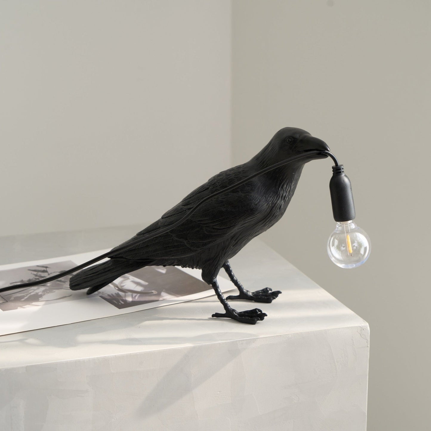Raven Table Lamp | Resin Sculpture with Edison Bulb | Black and White