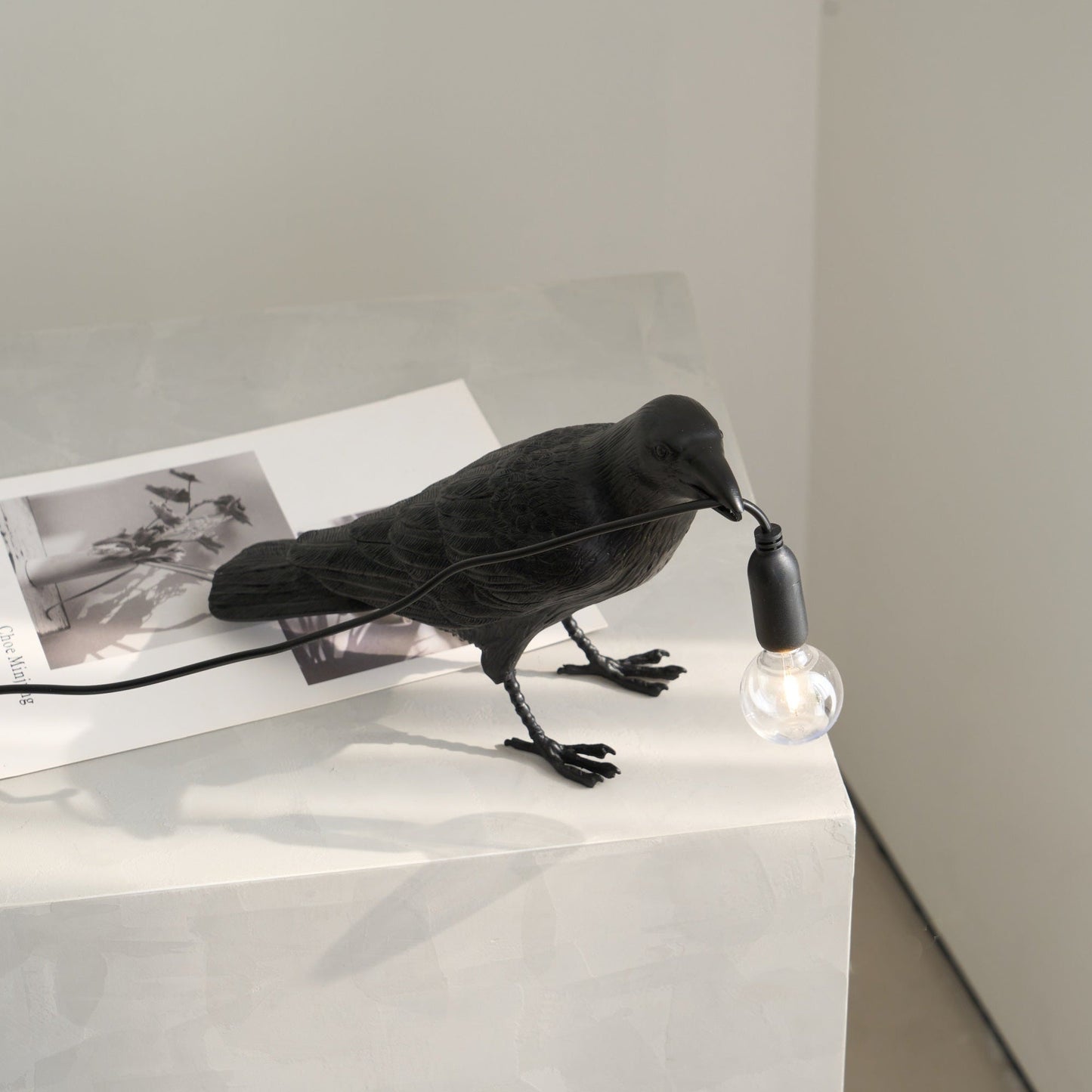 Raven Table Lamp | Resin Sculpture with Edison Bulb | Black and White