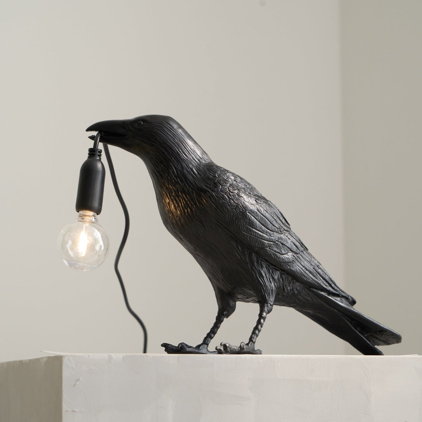 Raven Table Lamp | Resin Sculpture with Edison Bulb | Black and White