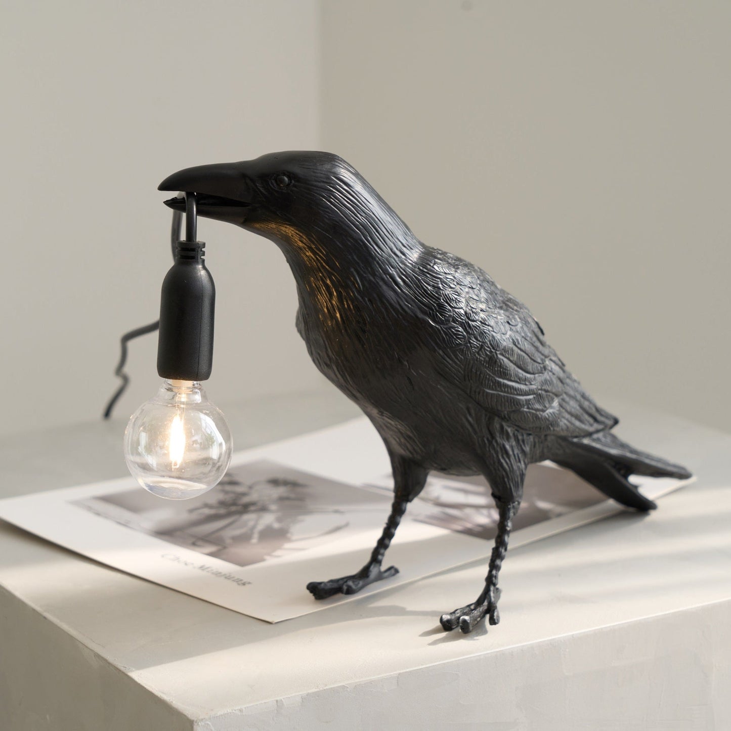 Raven Table Lamp | Resin Sculpture with Edison Bulb | Black and White