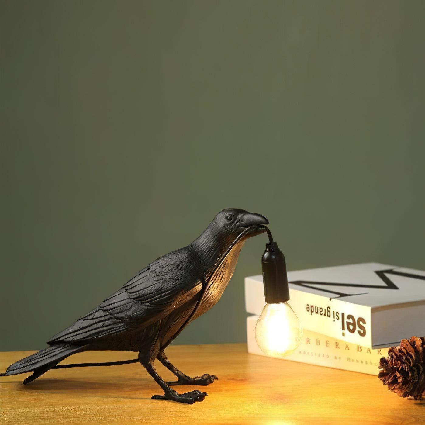 Raven Table Lamp | Resin Sculpture with Edison Bulb | Black and White