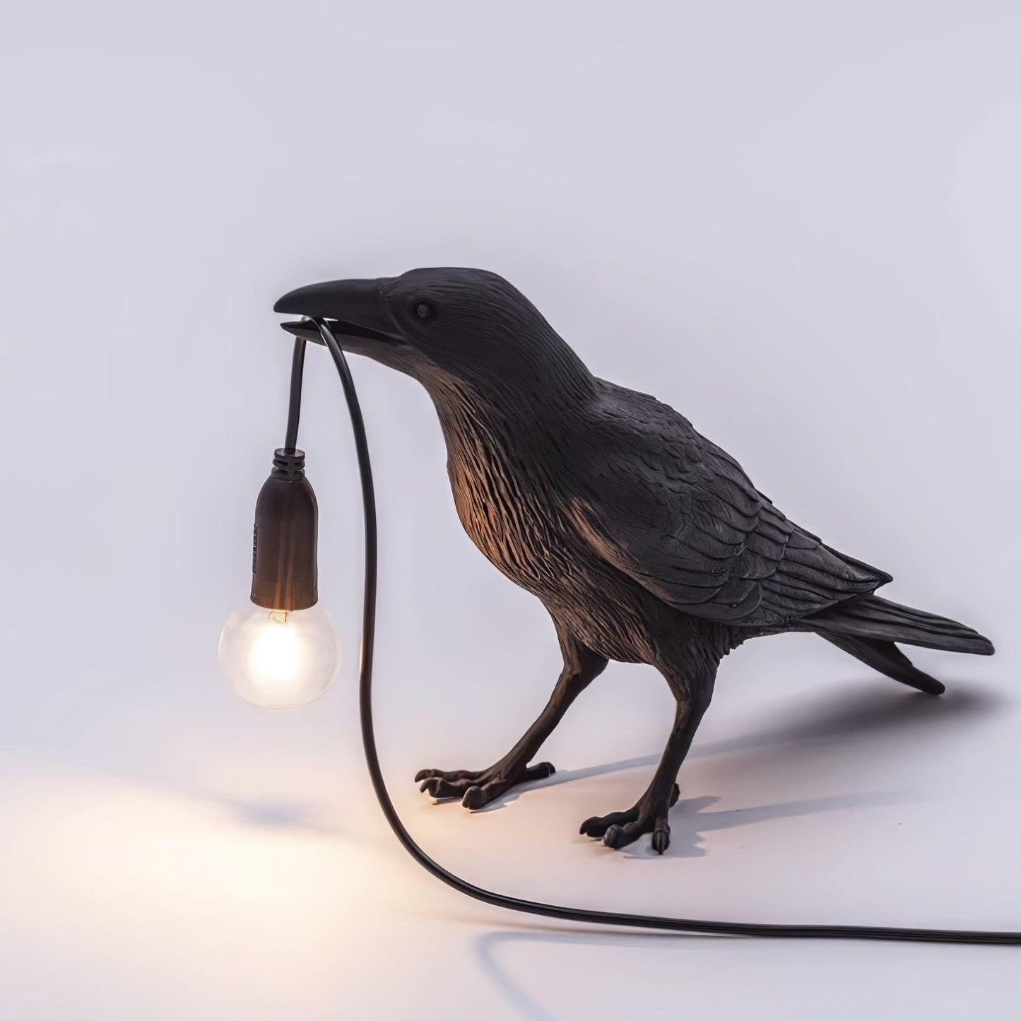 Raven Table Lamp | Resin Sculpture with Edison Bulb | Black and White