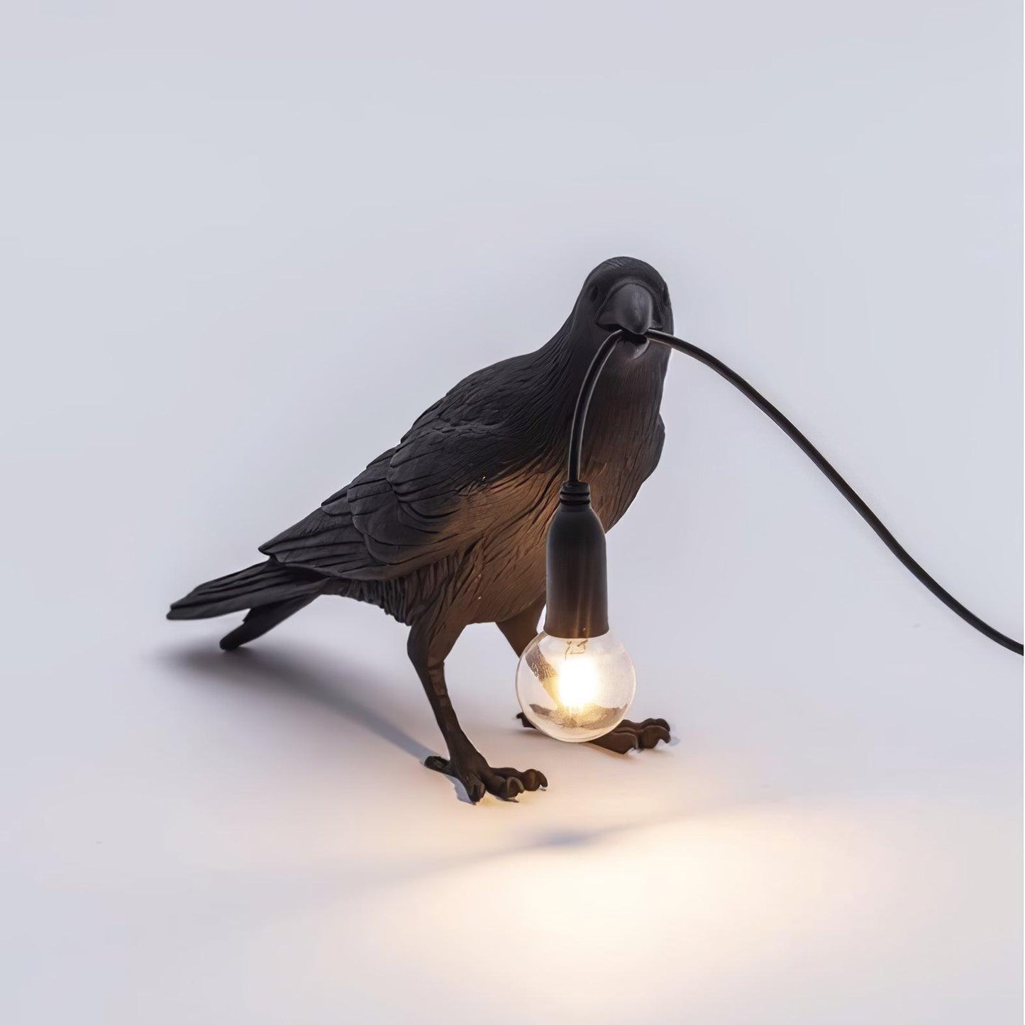 Raven Table Lamp | Resin Sculpture with Edison Bulb | Black and White