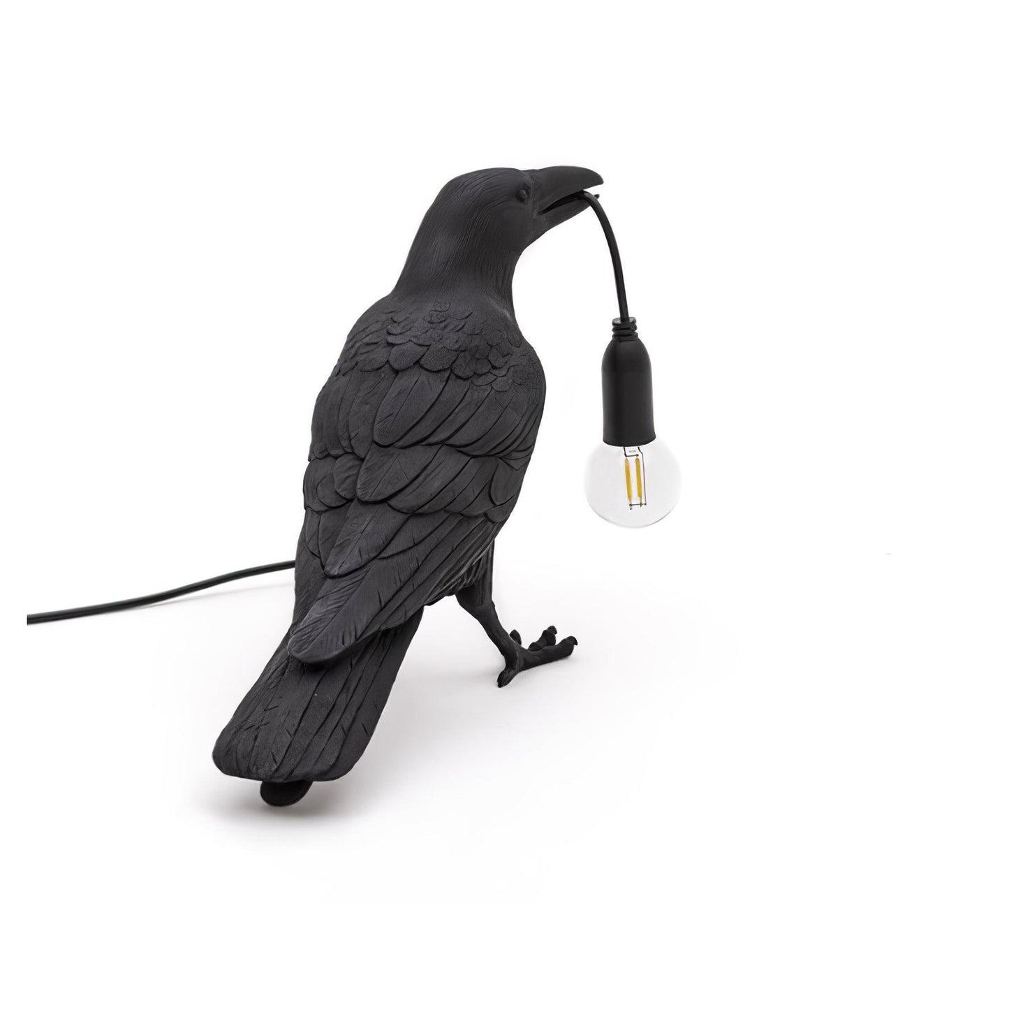 Raven Table Lamp | Resin Sculpture with Edison Bulb | Black and White